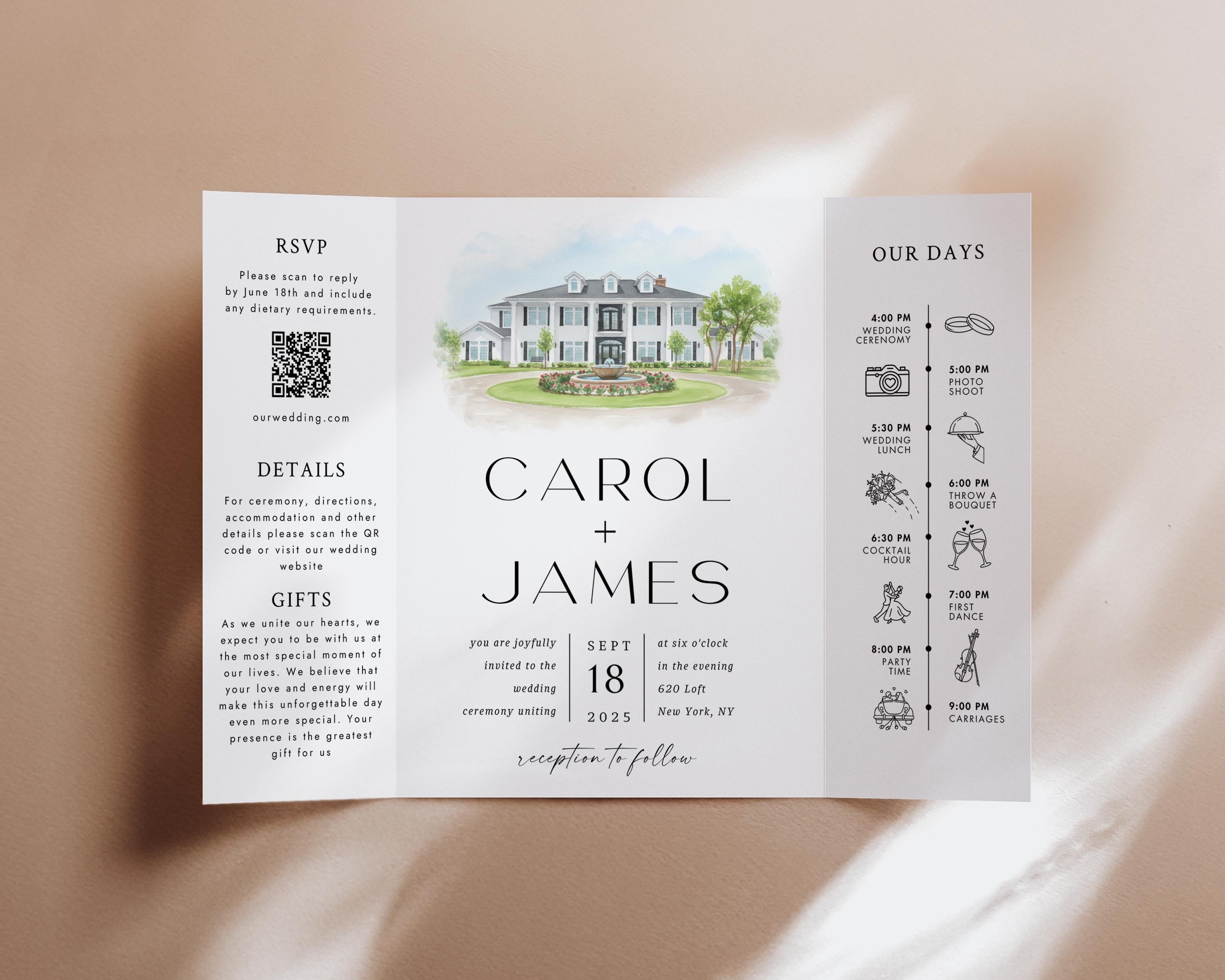 Custom Watercolor Venue Wedding Invitation | Editable Canva Gatefold Invite | Modern Wedding Template