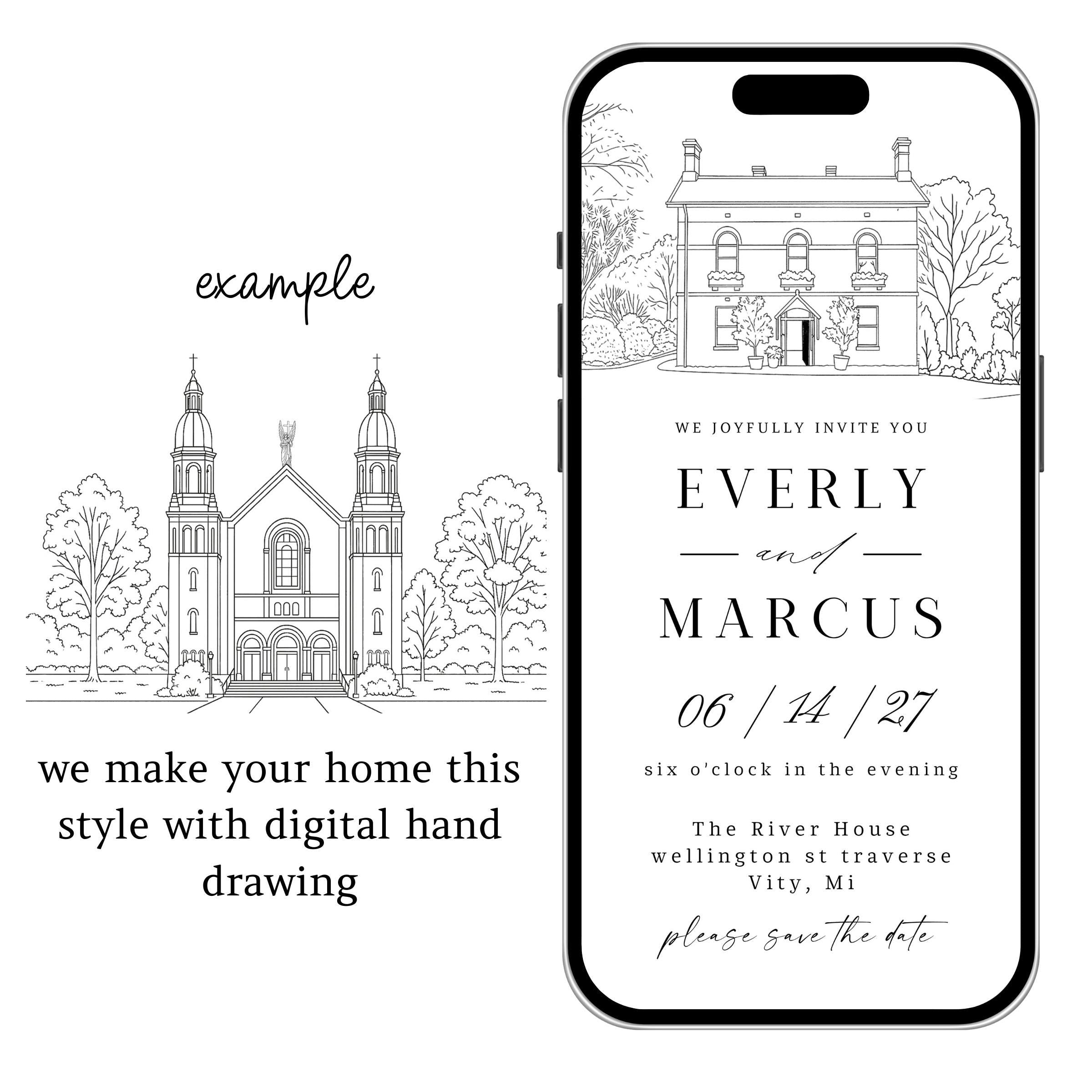 Venue Sketch Wedding Invitation Suite, Digital Wedding Phone Invite, Custom electronic venue E-vite, Editable Canva Template