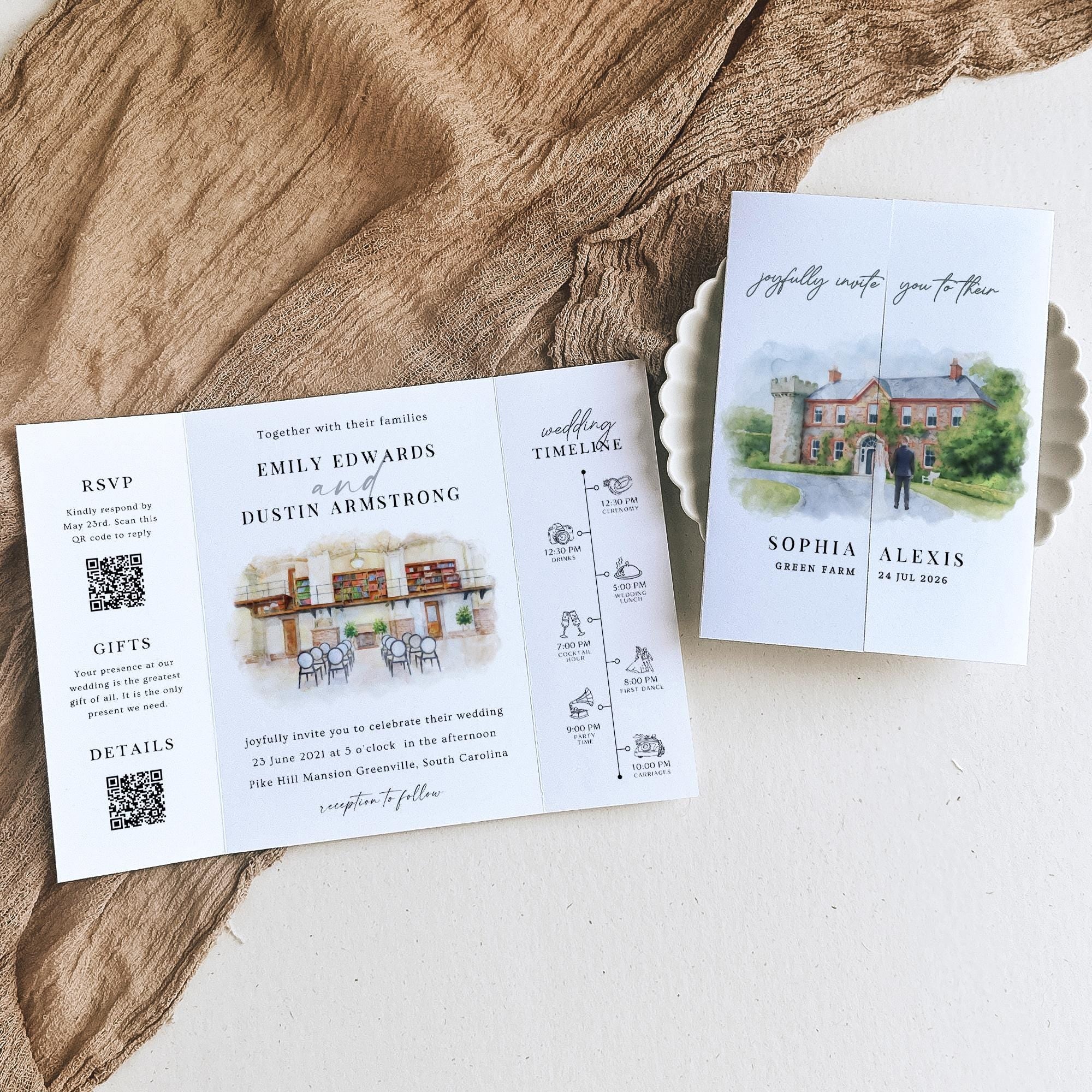 Custom Watercolor Venue Wedding Invitation | Printable Wedding Stationery Bundle | Editable Canva Template