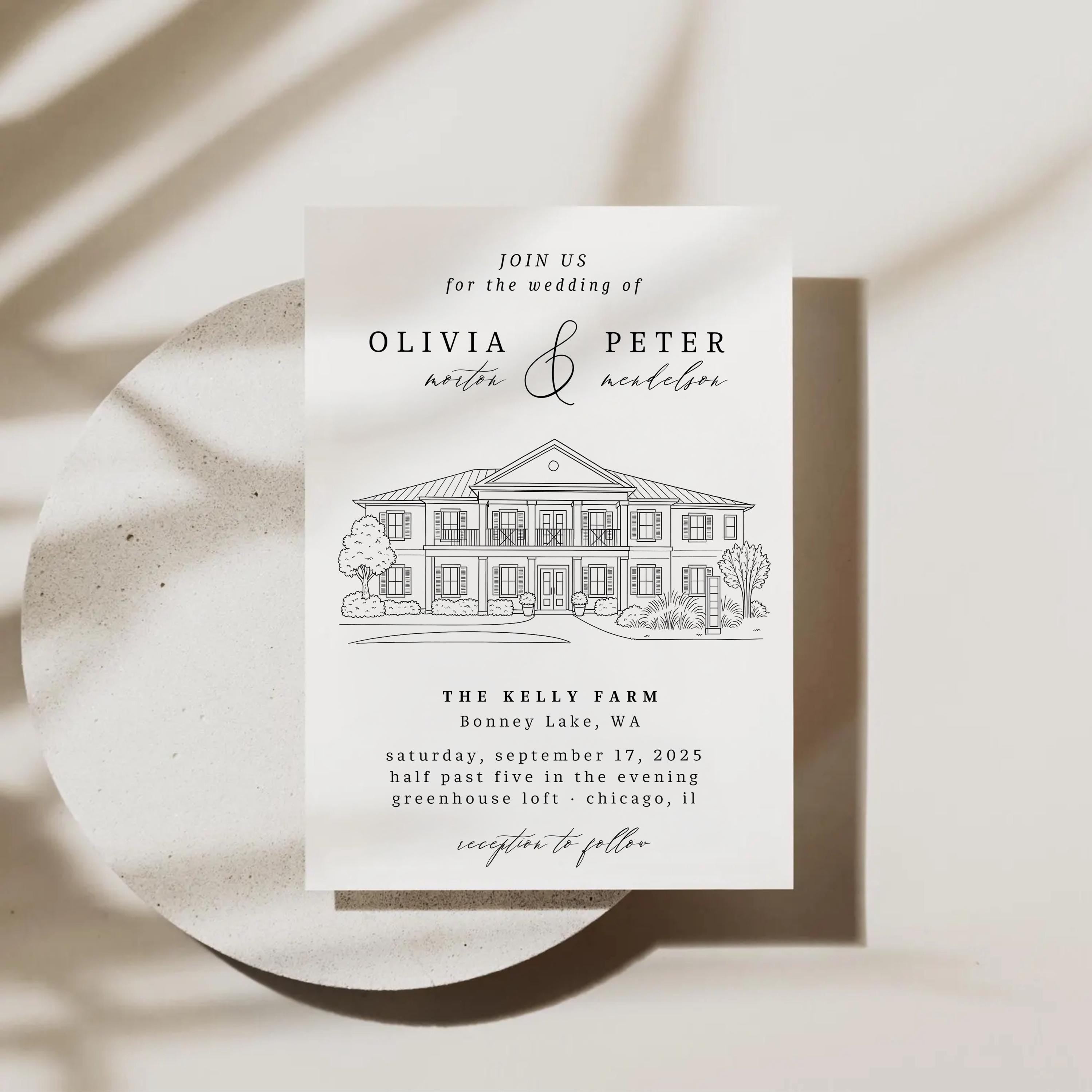 Venue Illustration Wedding Invitation Template: Custom Line Art
