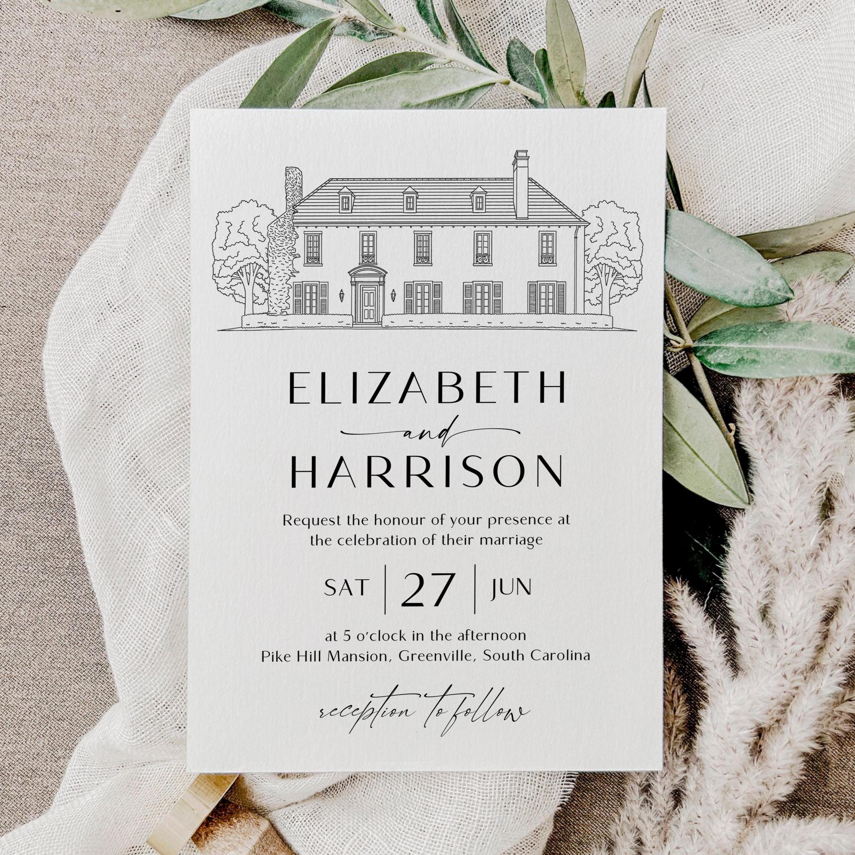 Wedding Venue Line Art Invitation: Custom Venue Sketch (DIY Canva Template)