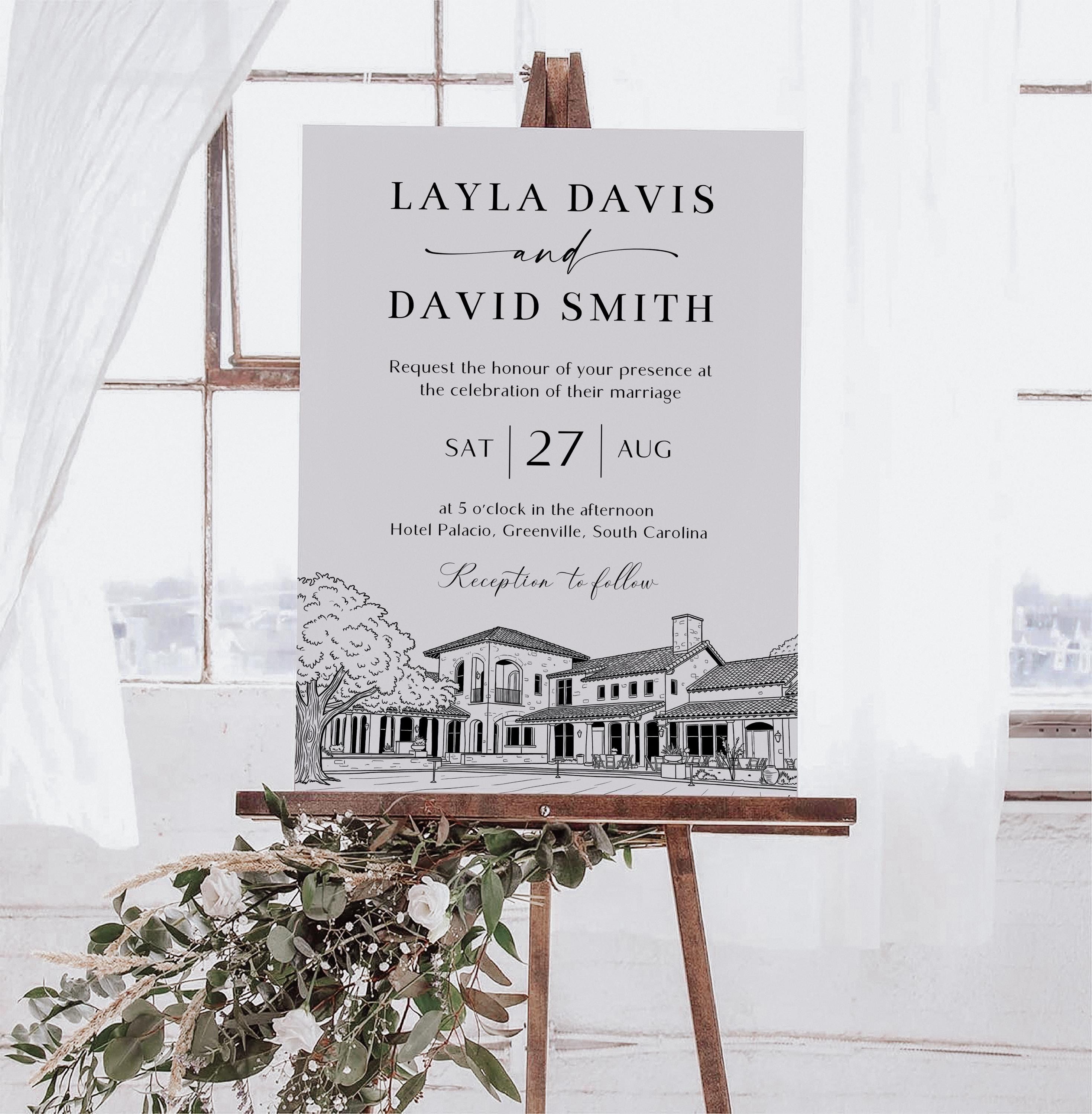 Custom Wedding Venue Lineart Invitation Bundle | Modern Wedding Sketch Illustration Invite | Editable Canva Template