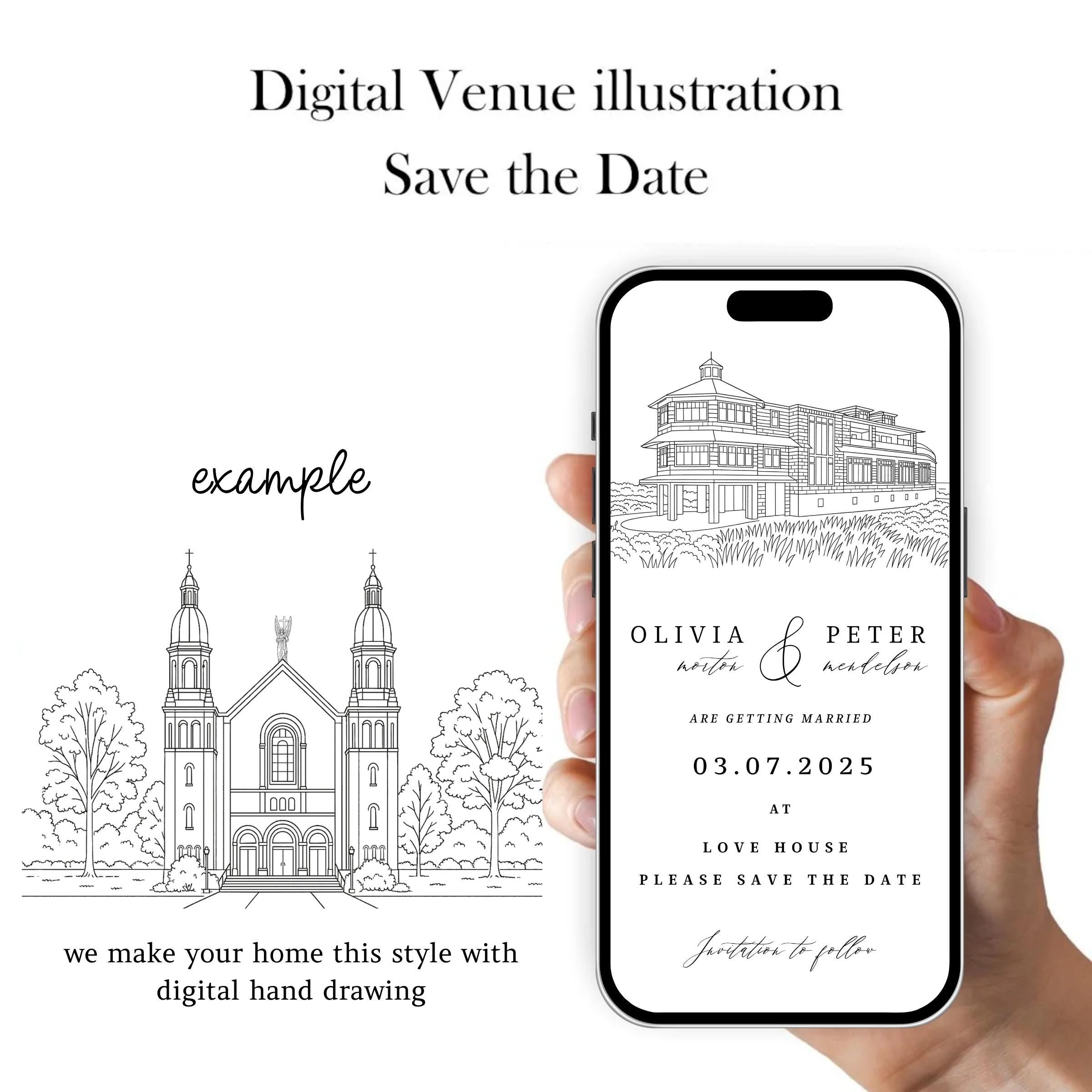 Venue Sketch Save the Date: Digital Wedding Invitation (JPEG, PNG, PDF
