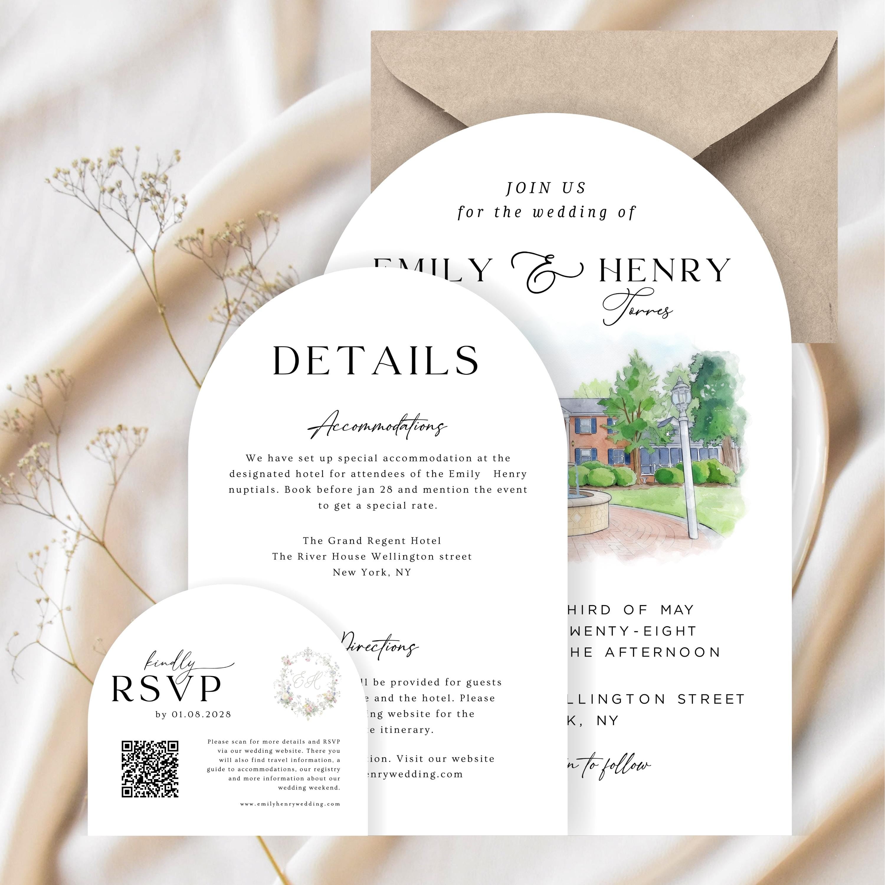 Custom Watercolor Venue Arch Wedding Invitation Template, Illustrations Invite Editable Canva Template,