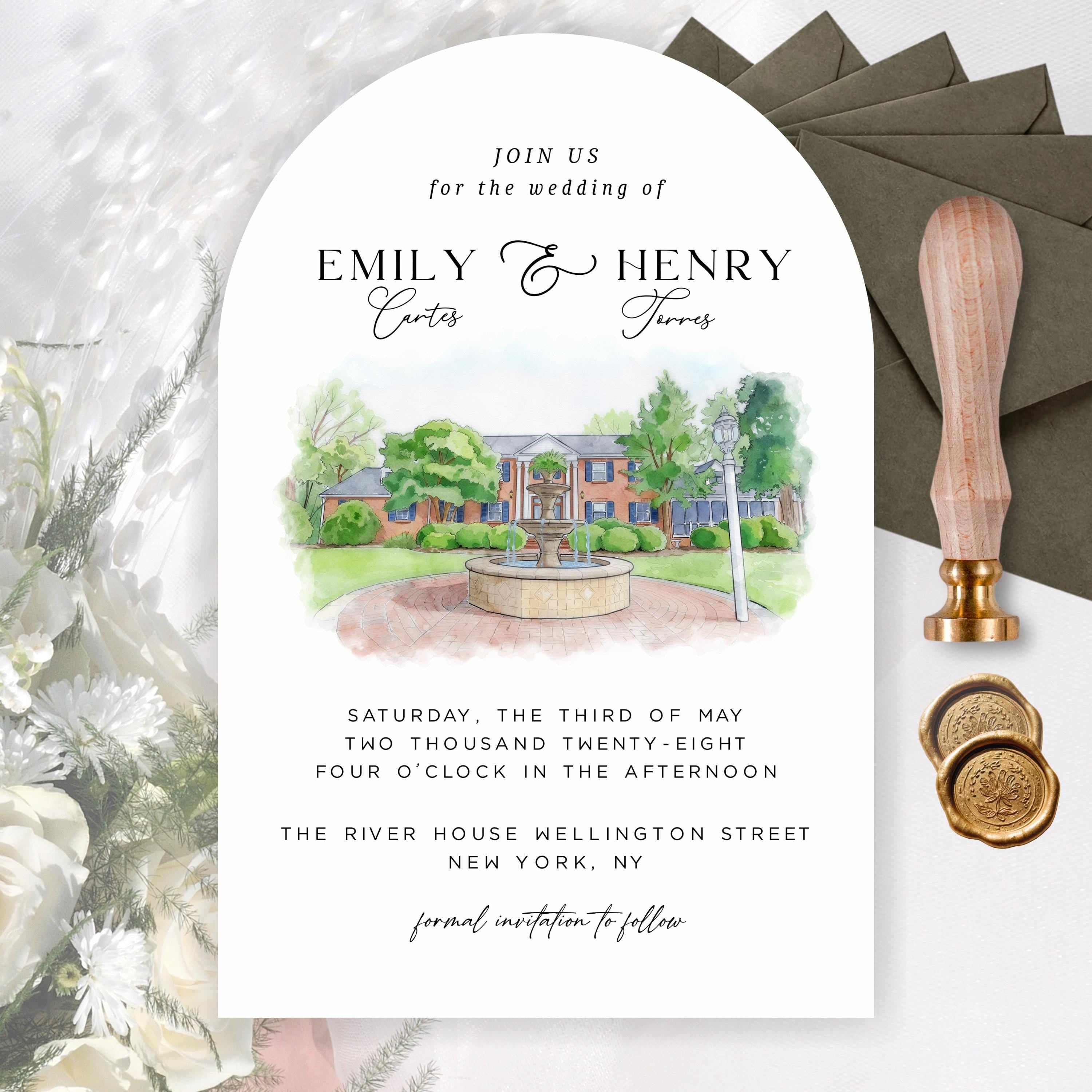 Custom Watercolor Venue Arch Wedding Invitation Template, Illustrations Invite Editable Canva Template,