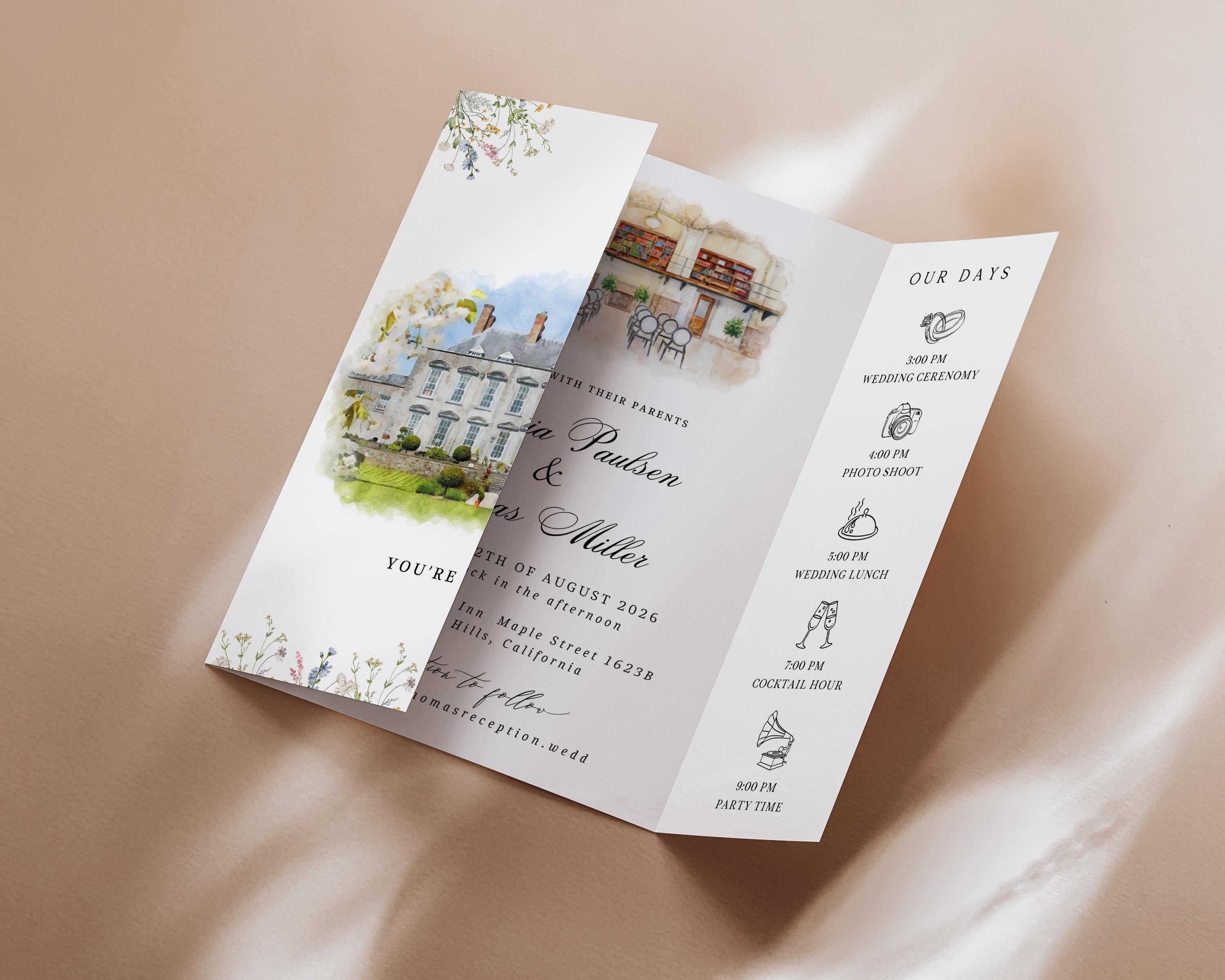 Personalized Watercolor Venue Wedding Invitation | Editable Canva Gatefold Invite | Custom Wedding Template