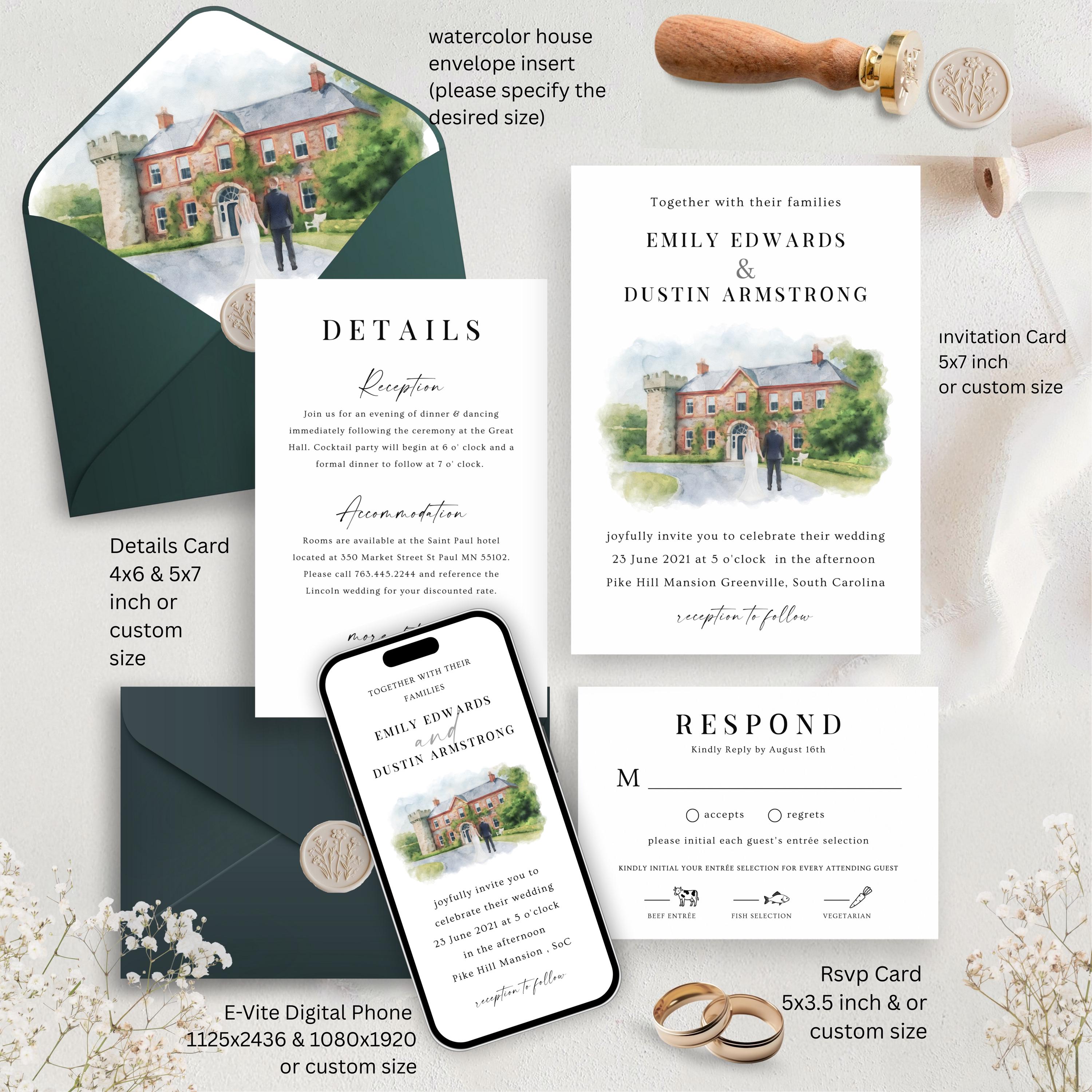 Custom Watercolor Venue Wedding Invitation set | Editable Canva Invite Template | Modern Wedding Illustration