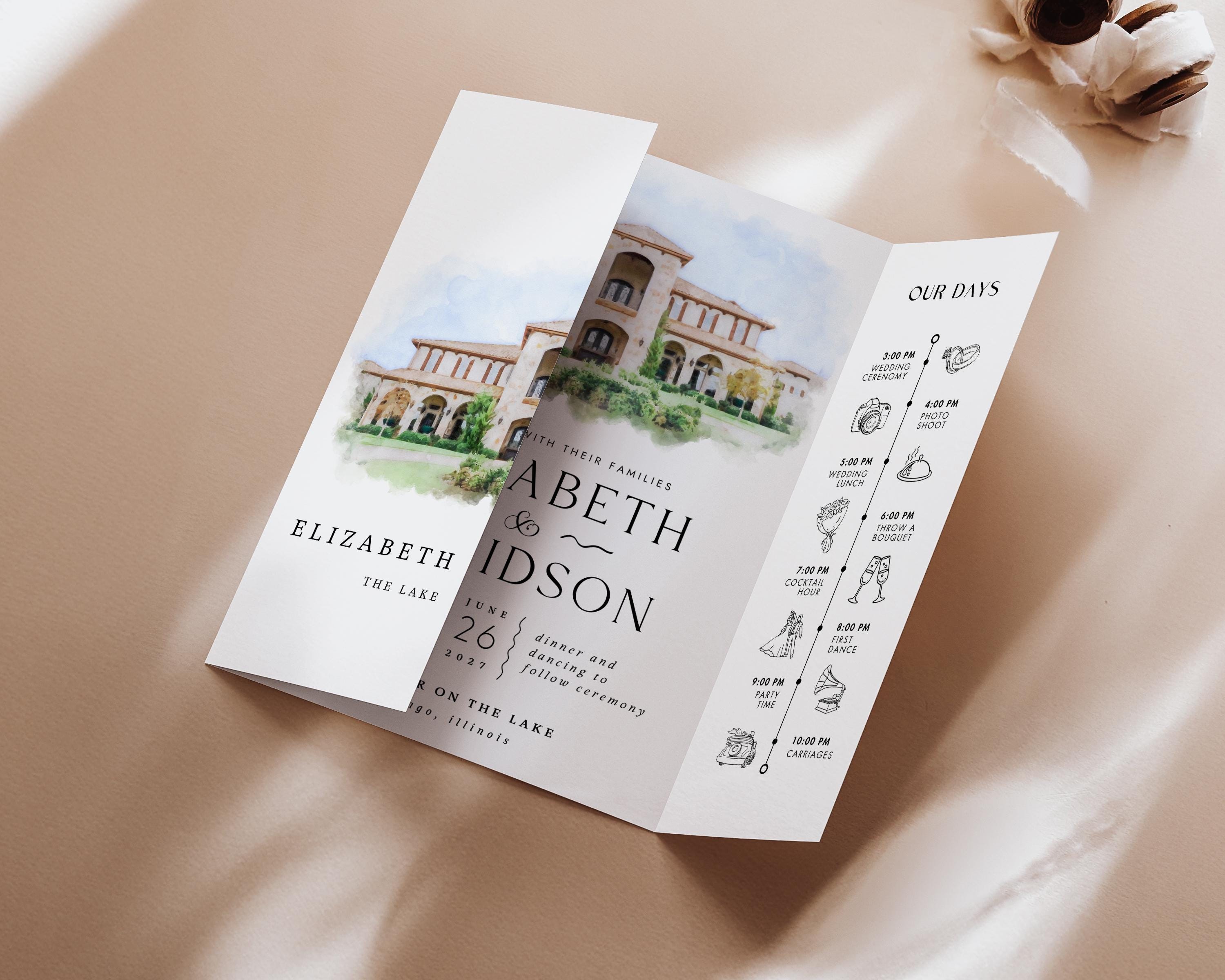 Watercolor Venue Wedding Invitation, Editable Gatefold Canva Template, Custom Invite