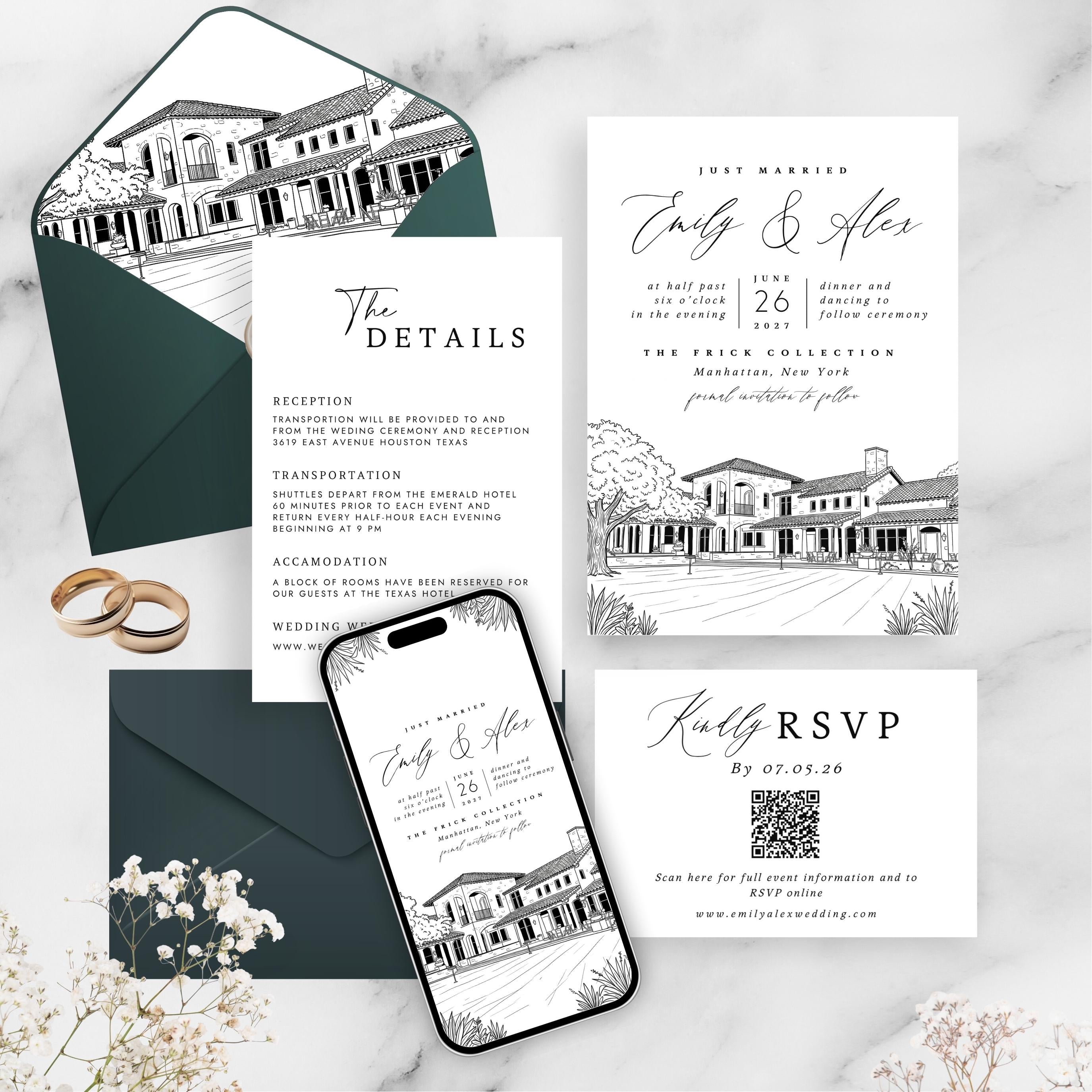 Custom Venue Lineart Invitation Suite | Editable Modern Wedding Invite Canva Template, Wedding Stationery Bundle
