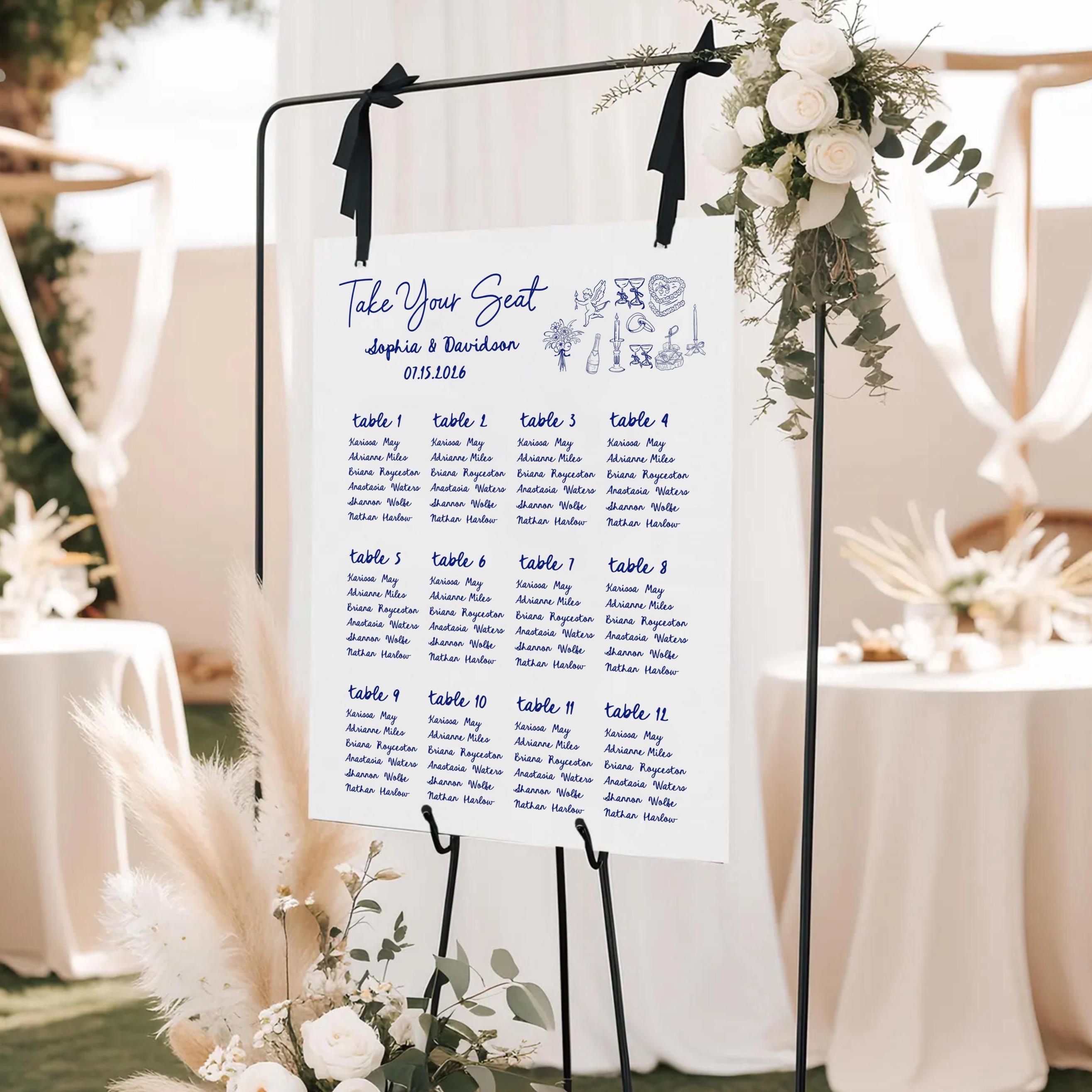 Beach Wedding Seating Chart Template: Alphabetical, Hand-Drawn (Digital Download)