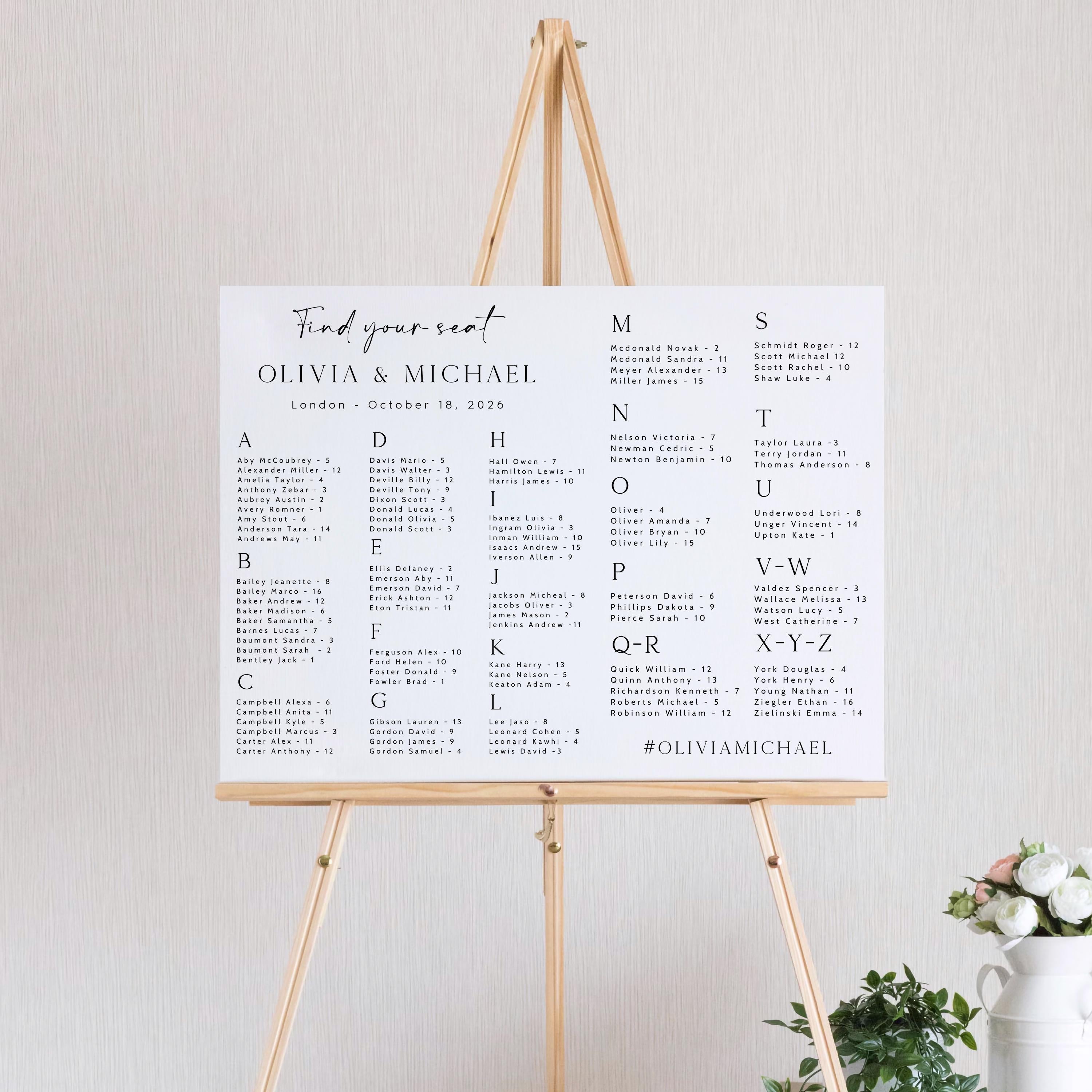 Minimalist Wedding Seating Chart Template: Modern Alphabetical Design (Digital Download
