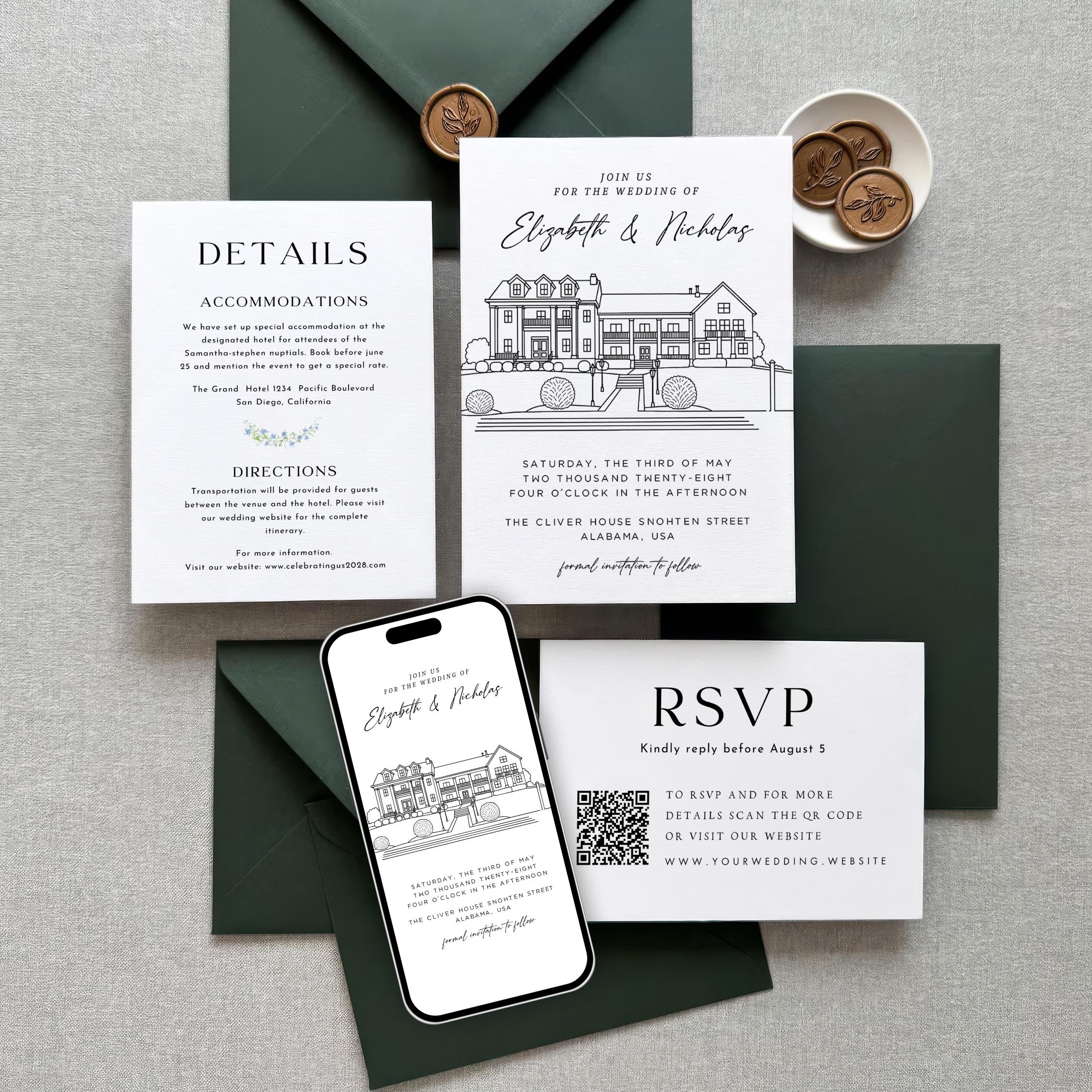 Personalized Wedding Venue Sketch Invitation Suite, Fully Editable DIY Canva Template, Wedding Stationery Bundle