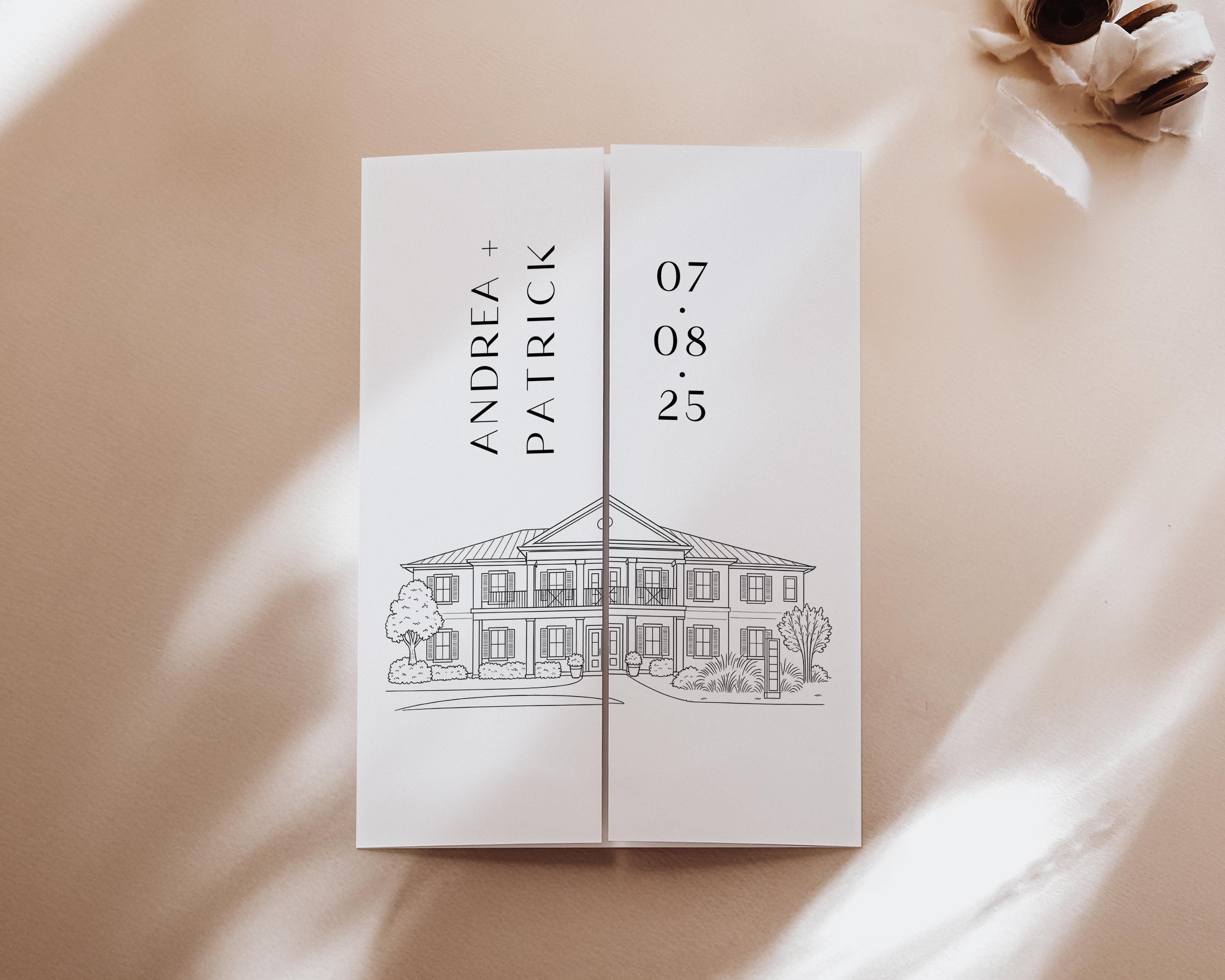 Custom Wedding Venue Illustration Invitation: Line Drawing Gatefold Template