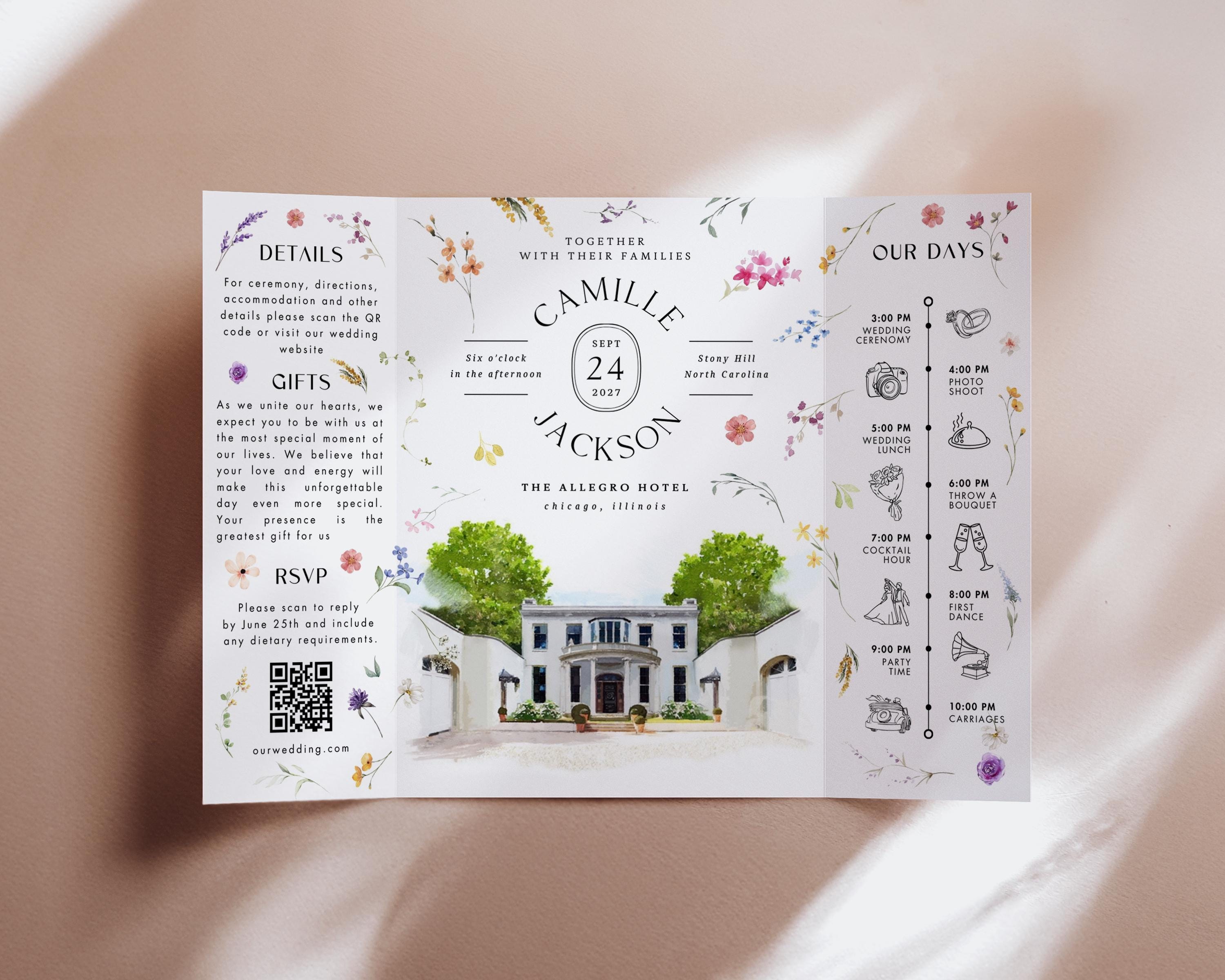 Modern Watercolor Venue Wedding Invitation, Gatefold Canva Template, Custom Editable Invite