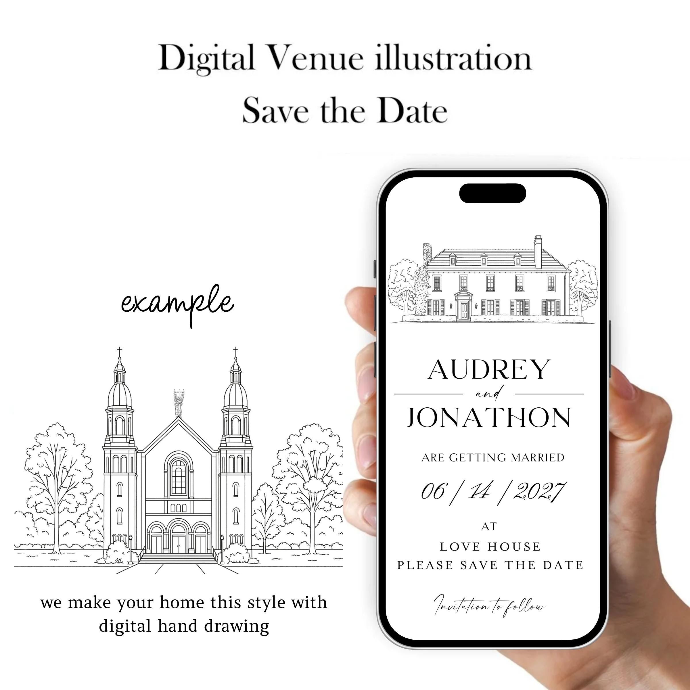 Venue Sketch Save the Date: Digital Wedding Invitation (JPEG, PNG, PDF