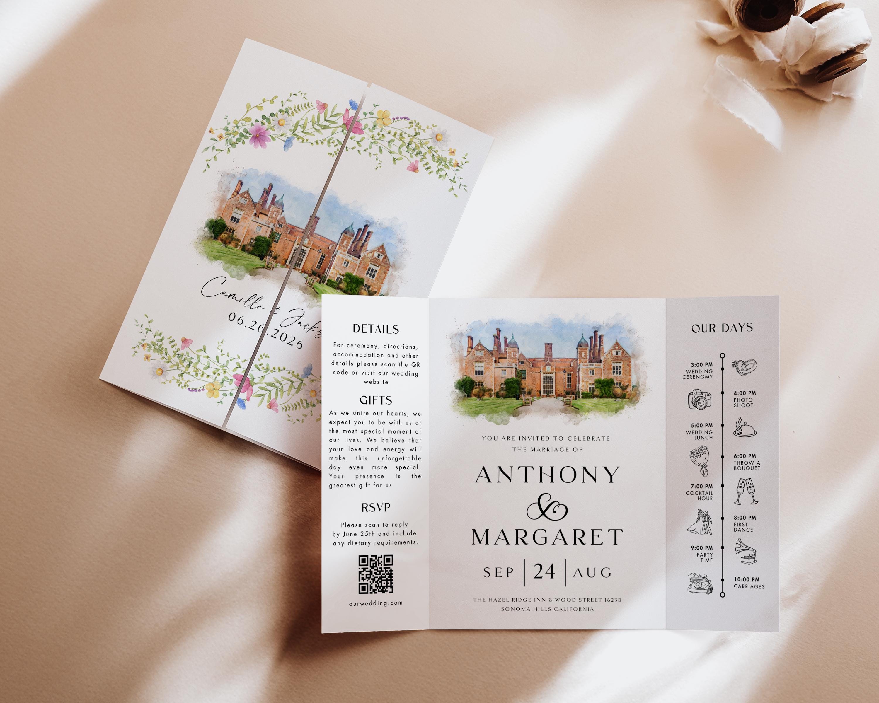 Watercolor Venue Wedding Invitation, Editable Gatefold Canva Template, Custom Invite