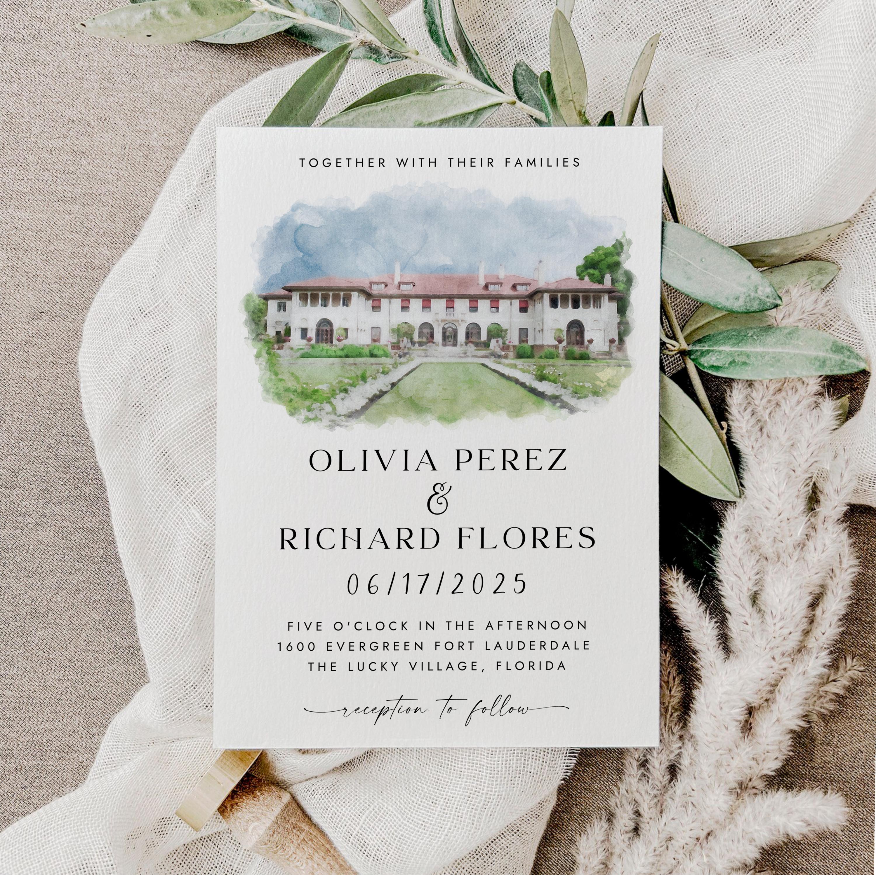 Custom Watercolor Venue Wedding Invitation Set | Modern Invite Template | Editable Canva DIY Template