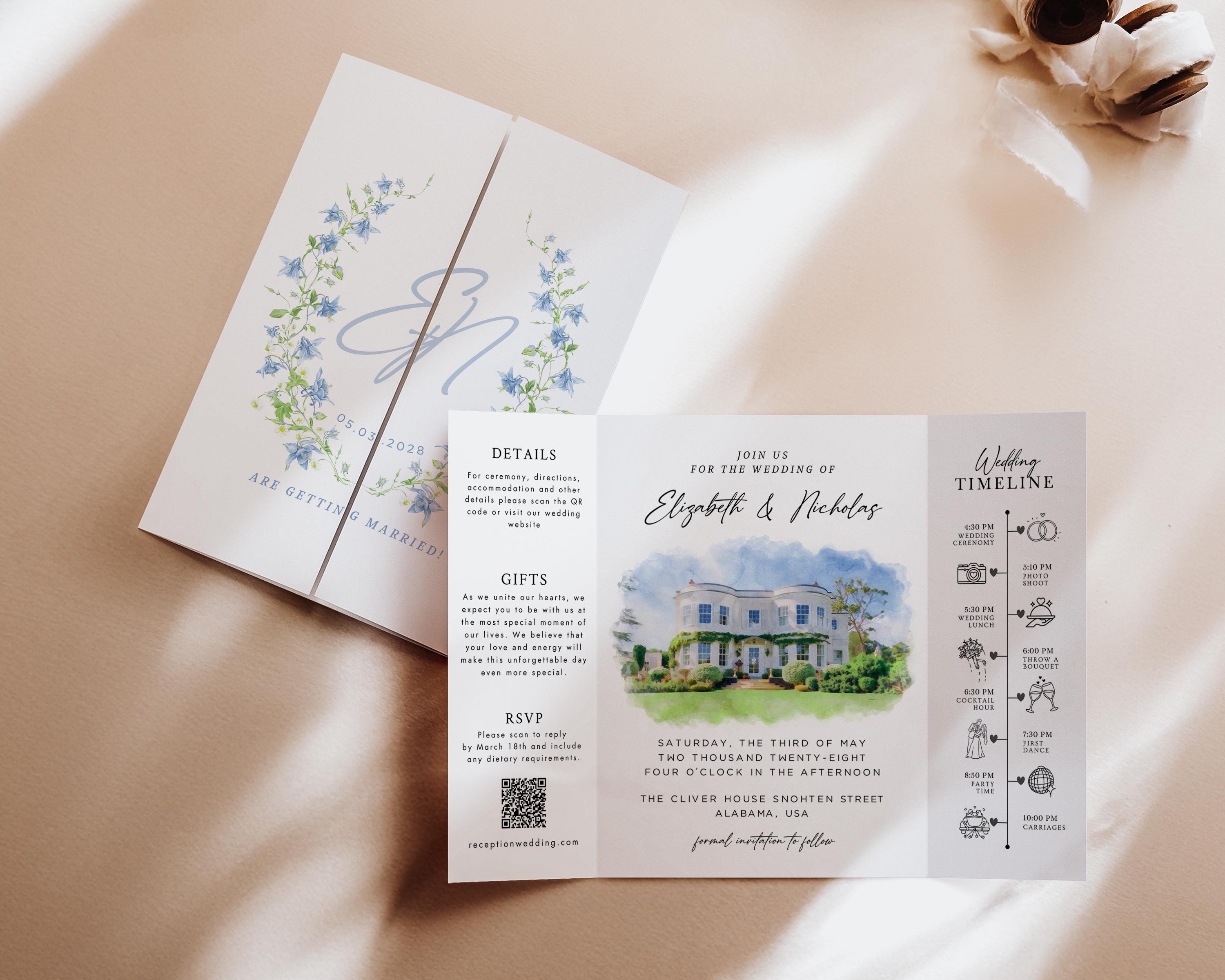 Personalized Watercolor Venue Wedding Invitation | Editable Canva Custom Gatefold Invite | Modern Wedding Template