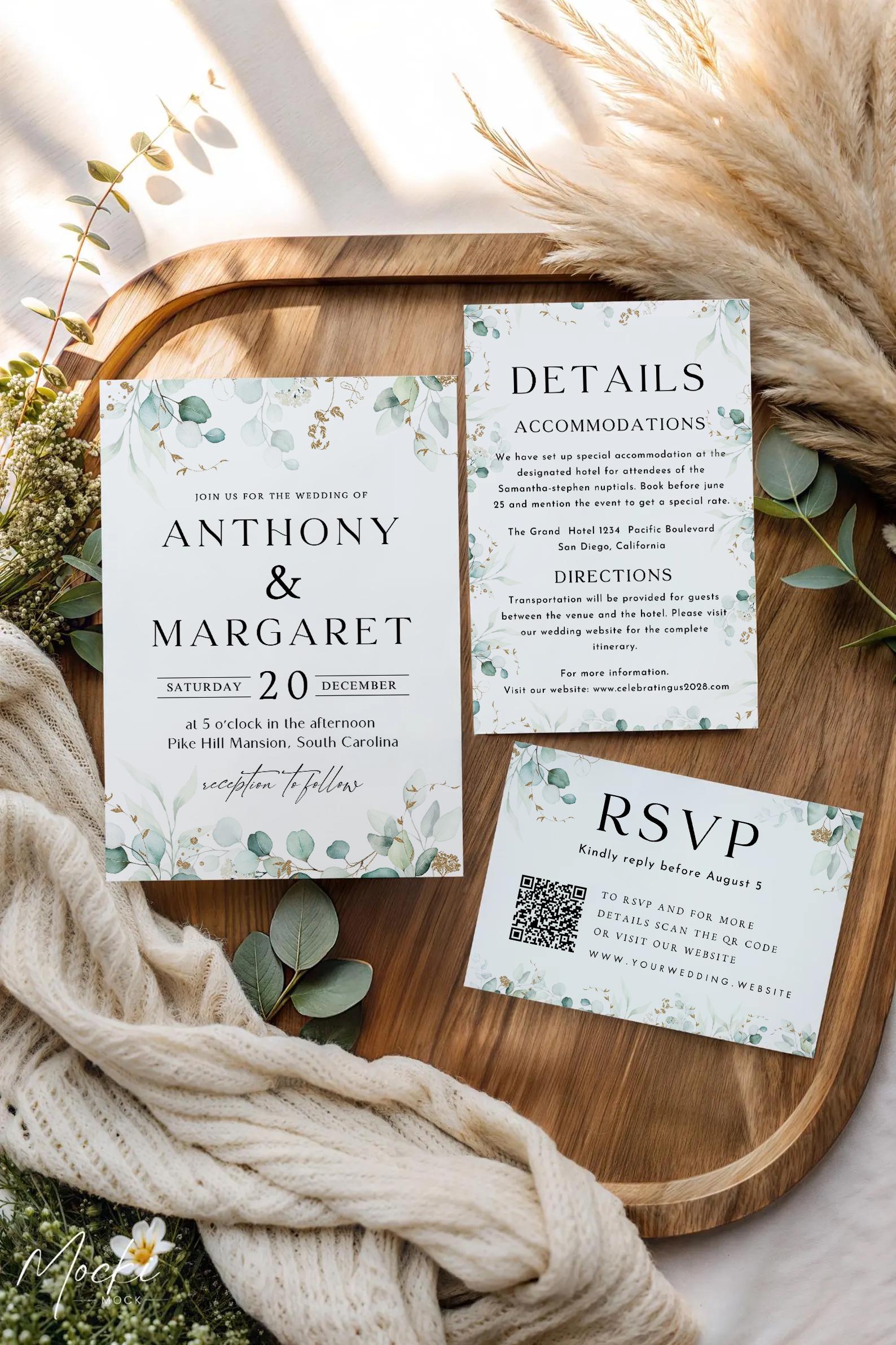 Sage Greenery Wedding Invitation Template, Flower Invite (Canva Template)