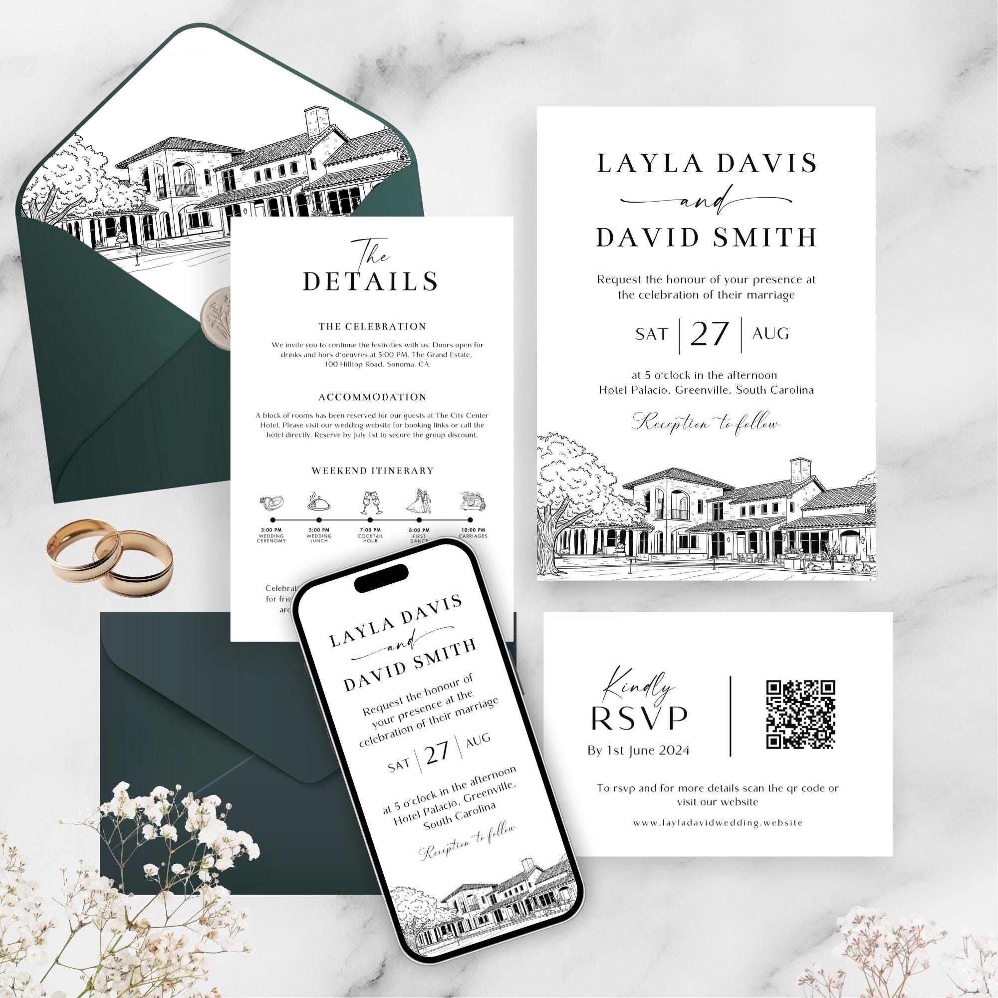 Custom Wedding Venue Lineart Invitation Bundle | Modern Wedding Sketch Illustration Invite | Editable Canva Template
