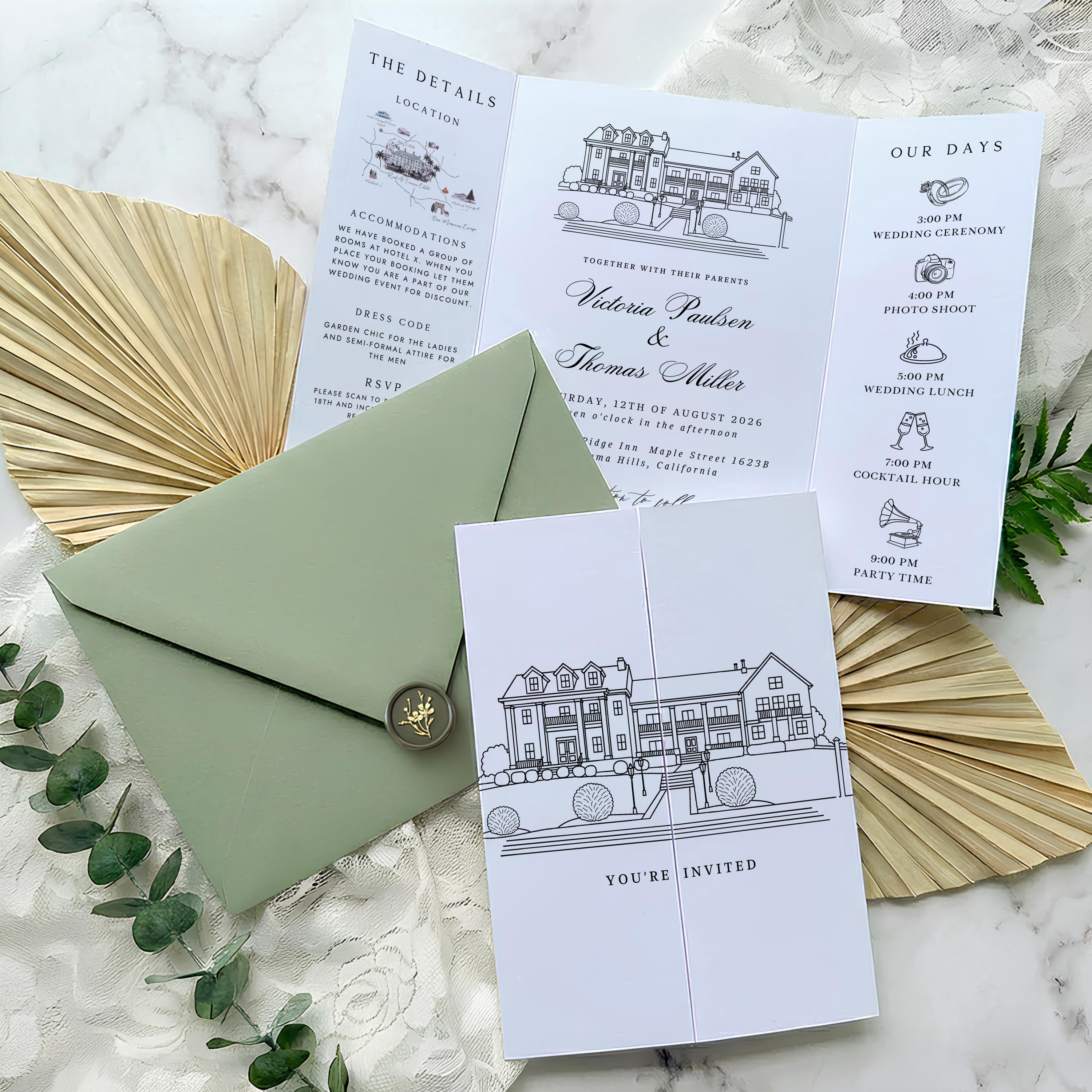 Custom Sketch Venue Gatefold Invitation | Editable Canva Lineart Gatefold Invite | Modern Wedding Template