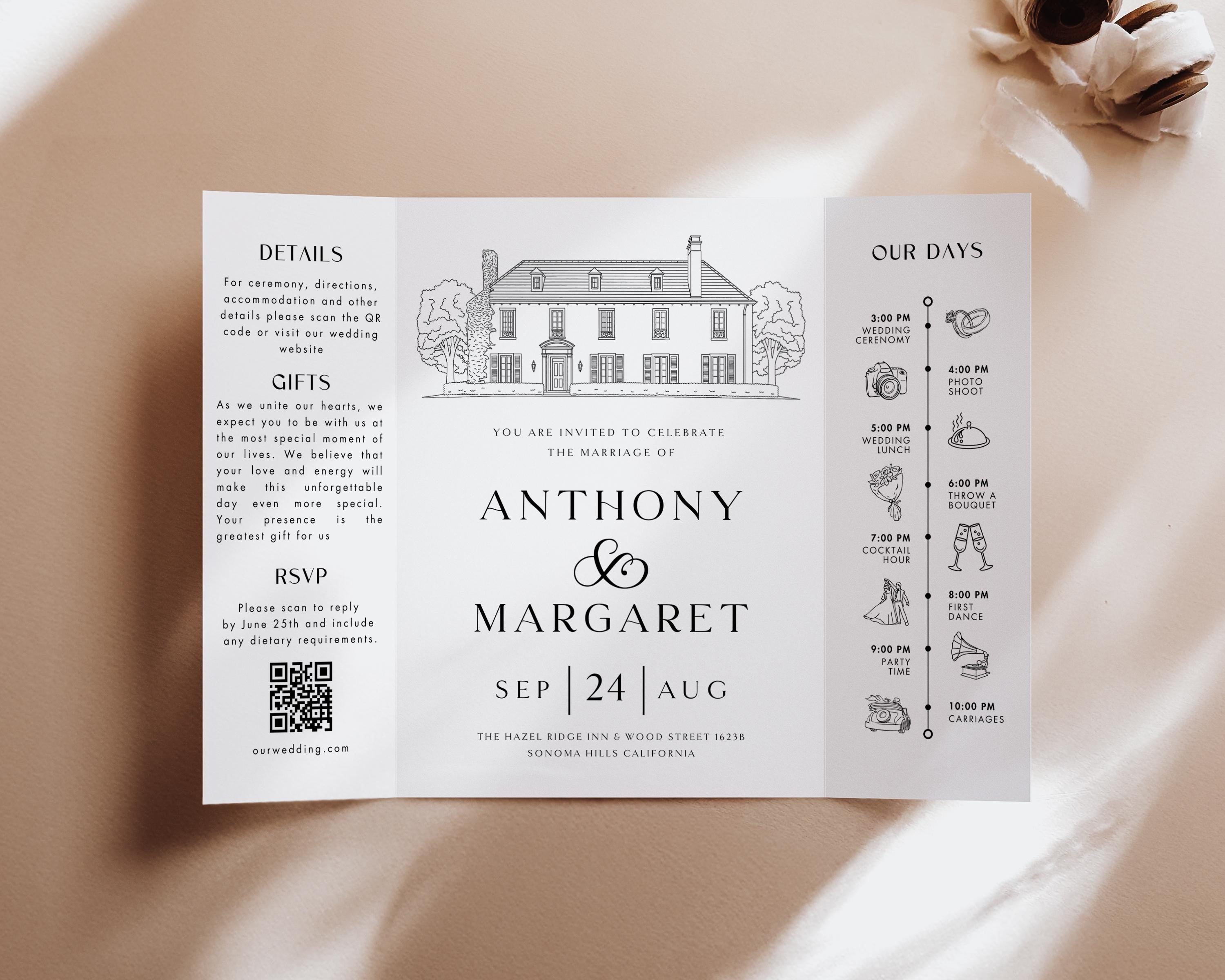 Custom Wedding Venue Illustration Invitation: Line Drawing Gatefold Template ( Digital Download, Canva Editable)