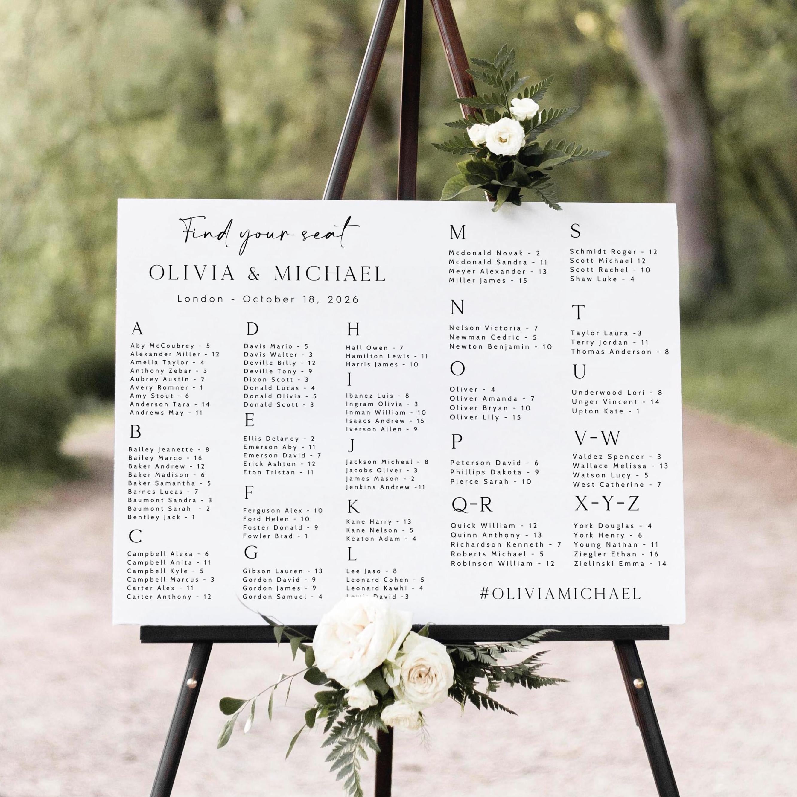 Minimalist Wedding Seating Chart Template: Modern Alphabetical Design (Digital Download