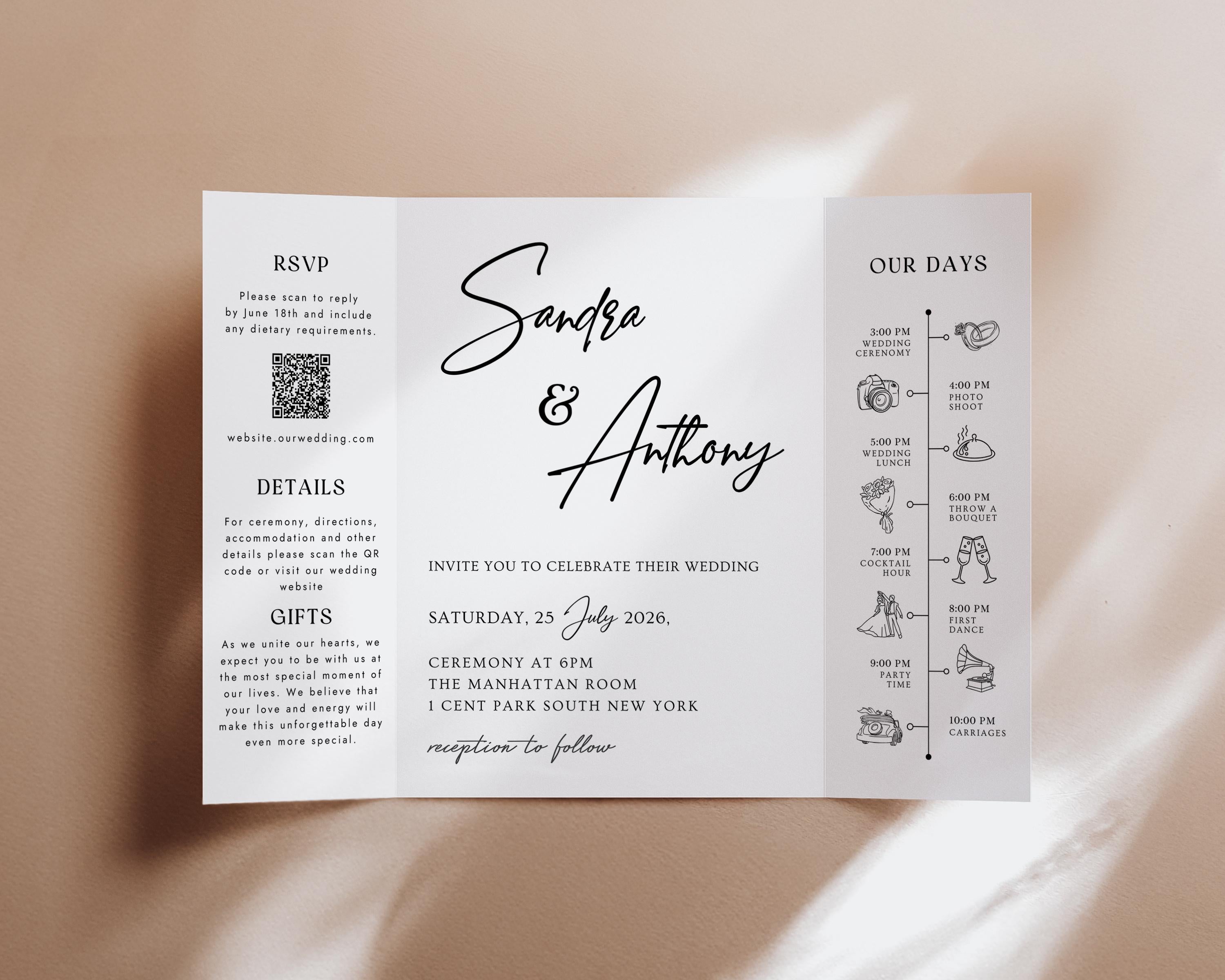 Photo Wedding Invitation Template, Gatefold Trifold, Editable Canva Minimalistic Invite