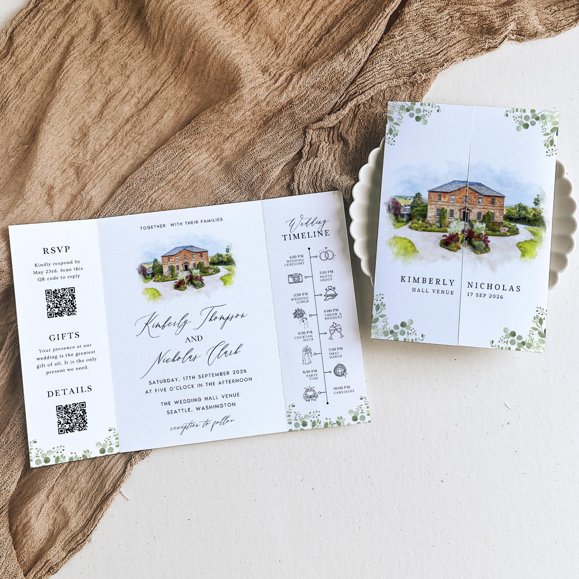 Personalized Watercolor Venue Wedding Invitation | Editable Canva Custom Gatefold Invite | Modern Wedding Template