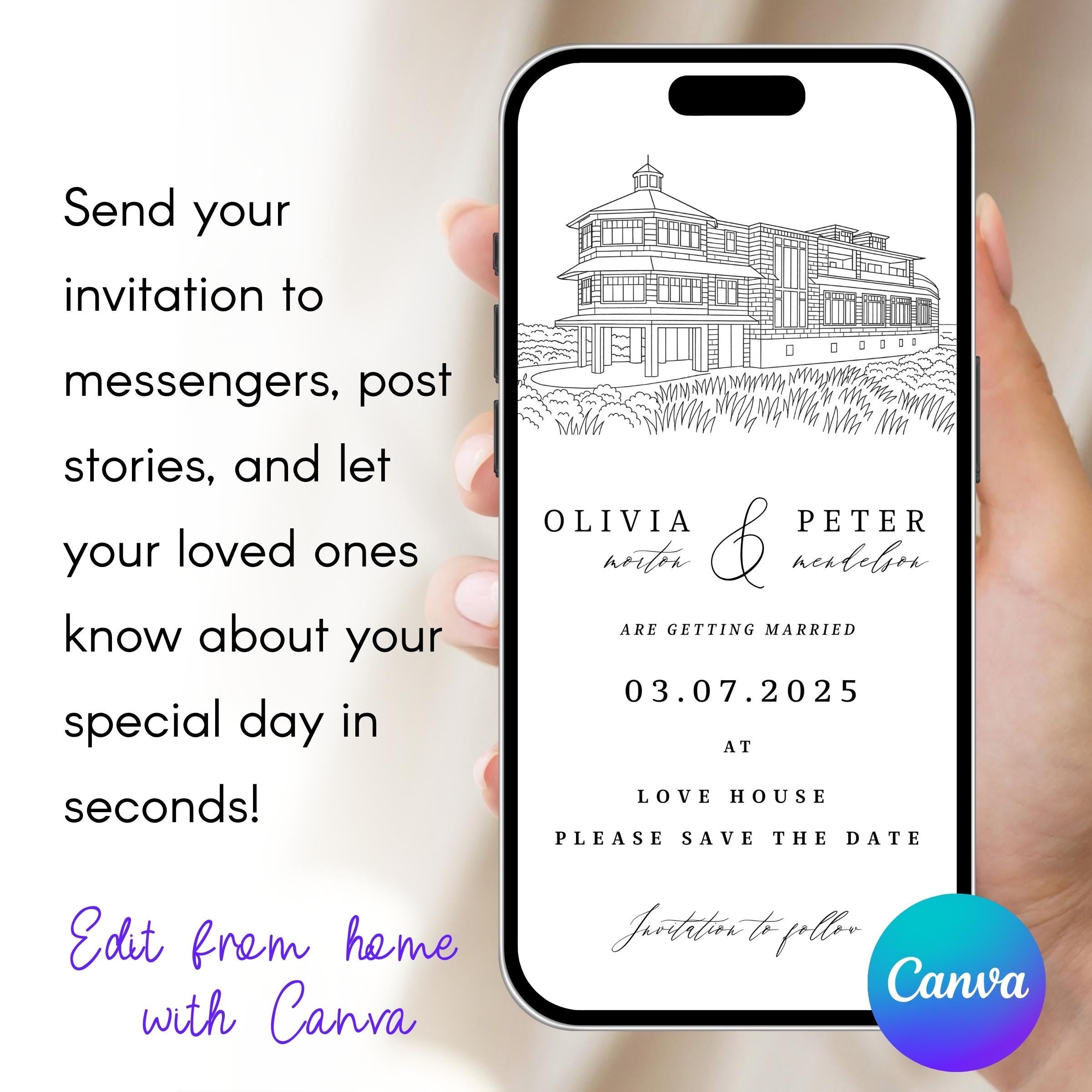 Venue Sketch Save the Date: Digital Wedding Invitation (JPEG, PNG, PDF