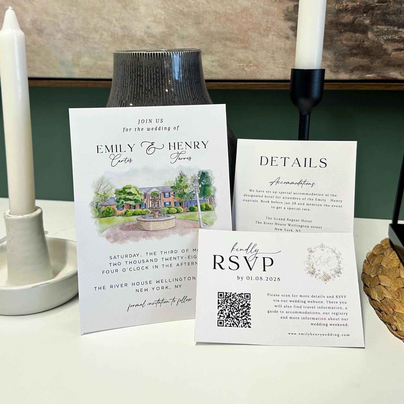 Watercolor Venue Arch Wedding Invitation Set Template, Illustrations Invite Editable Canva Template,