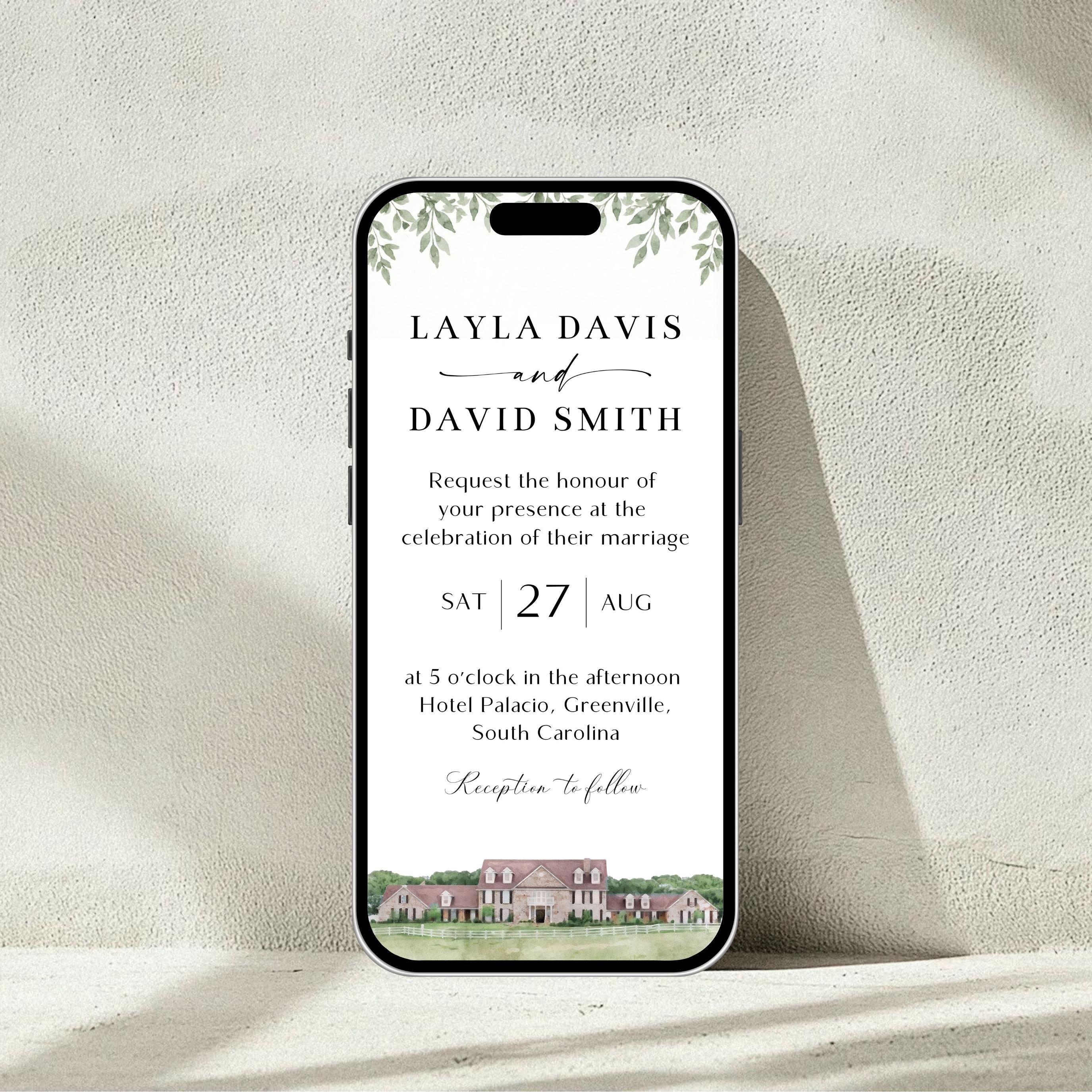 Custom Watercolor Venue Wedding Invitation set | Editable Canva Invite Template | Modern Wedding Illustration