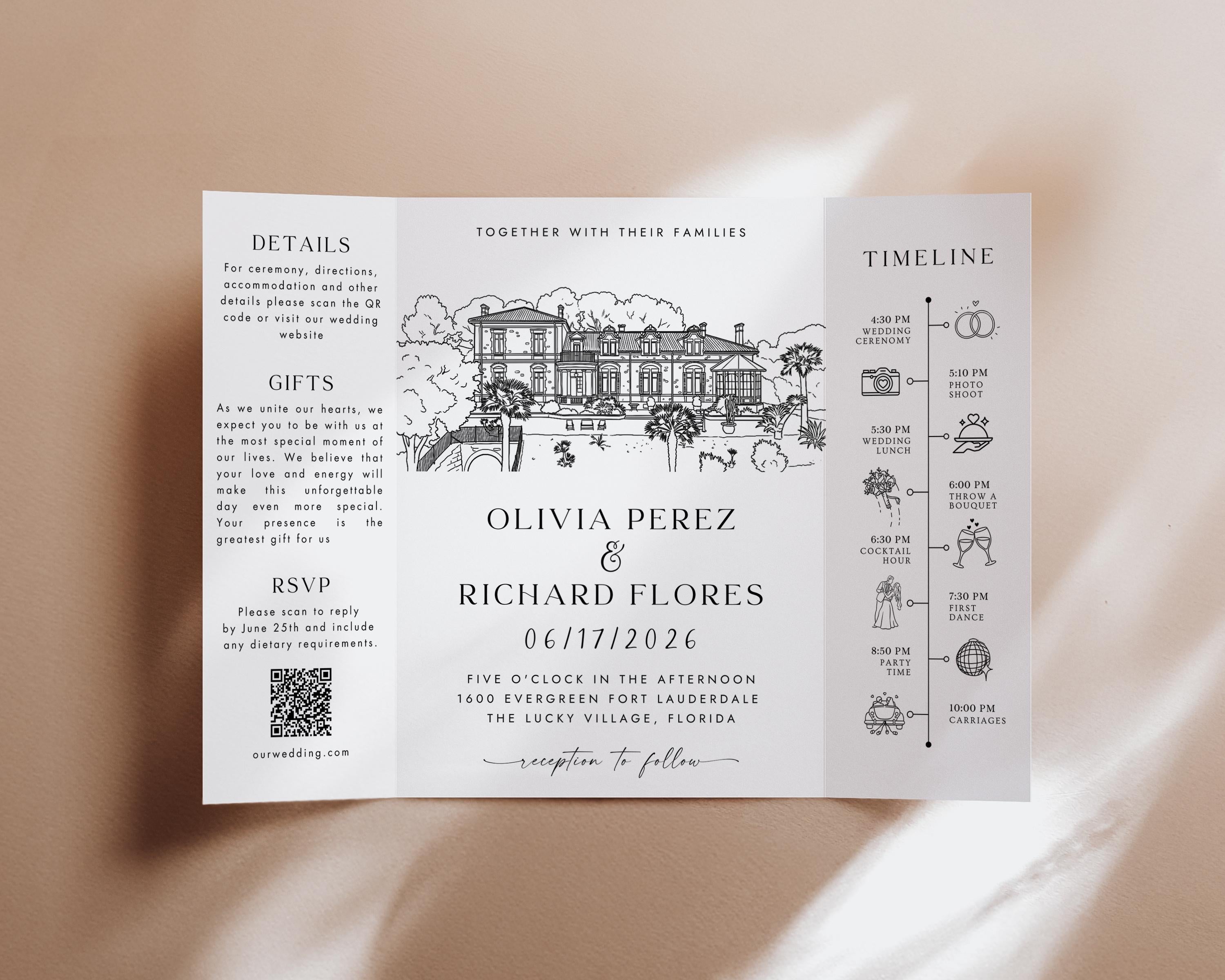 Custom Sketch Venue Gatefold Invitation | Editable Canva Lineart Gatefold Invite | Modern Wedding Template