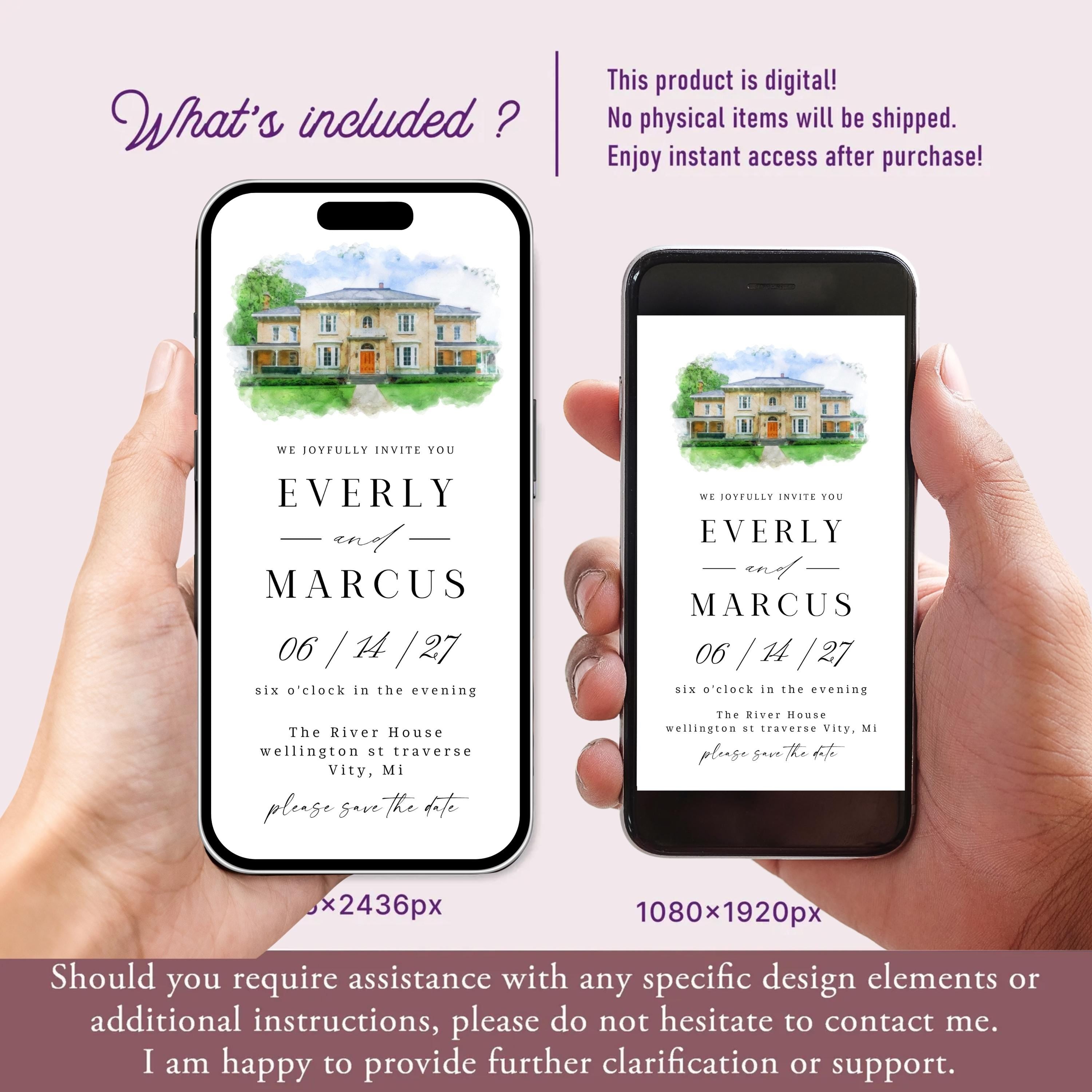 Digital Venue Sketch Save the Date: Watercolor Wedding E-vite (JPEG, PNG, PDF