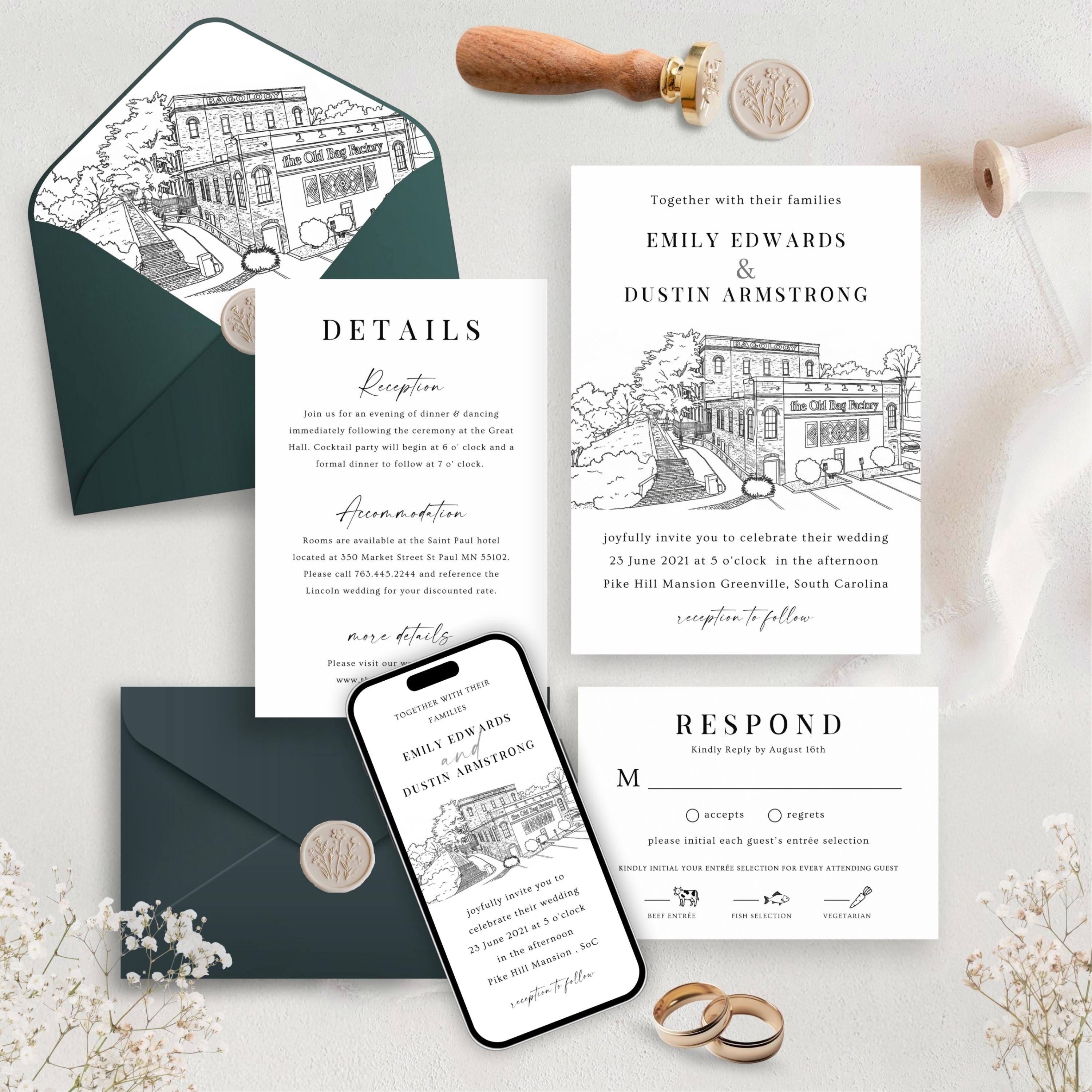 Personalized Wedding Venue Sketch Invitation Suite, Fully Editable DIY Canva Template, Wedding Stationery Bundle