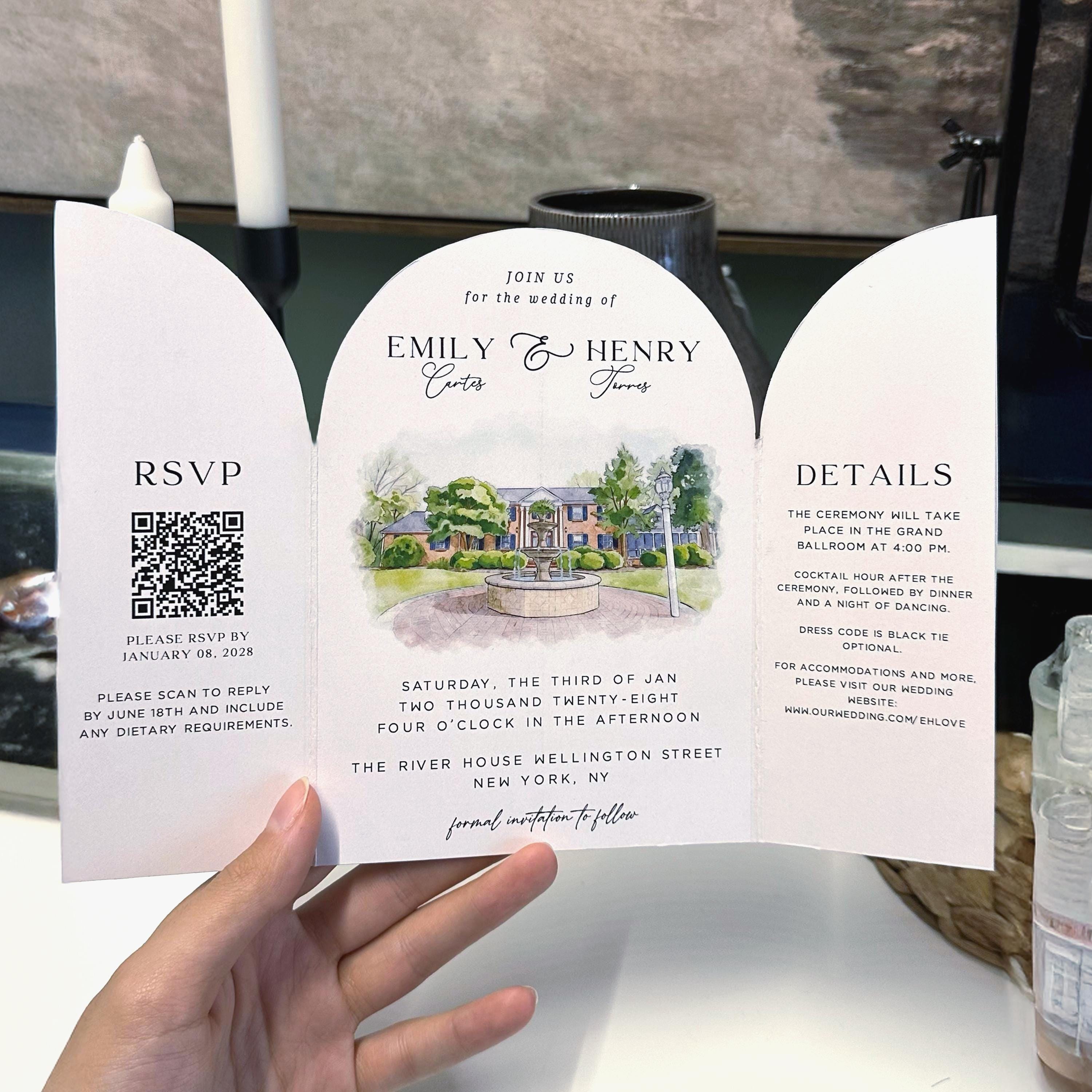 Custom Watercolor Venue Wedding Invitation Template | Editable Illustrations Canva Gatefold Invite | Arch Modern Wedding