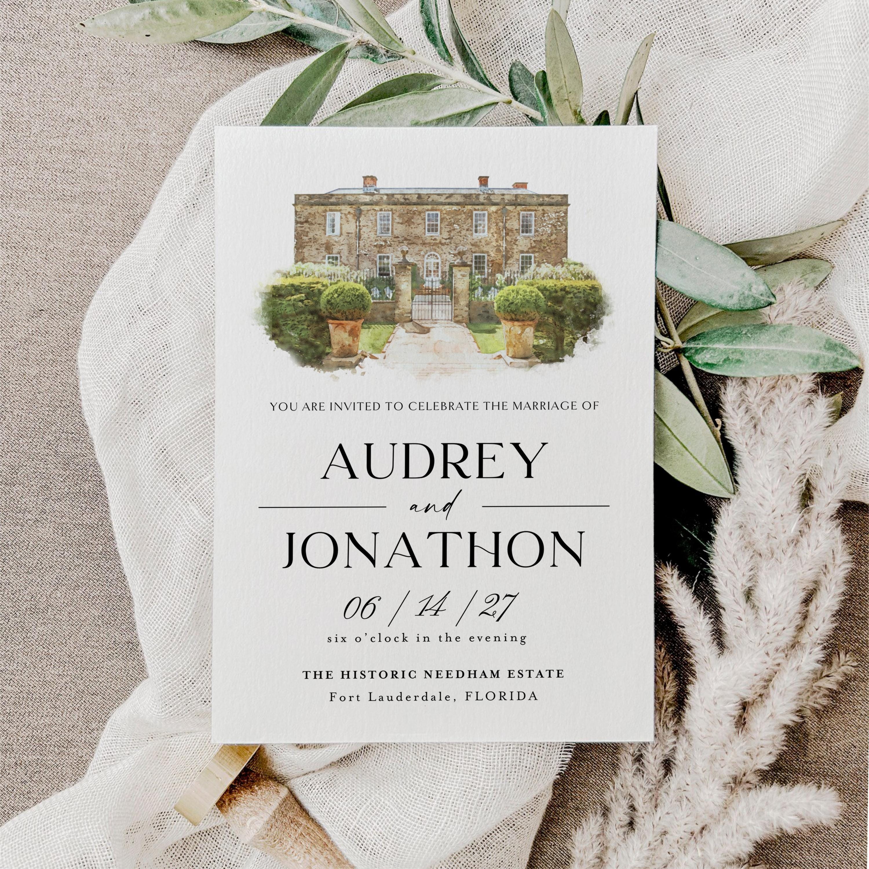 Custom Watercolor Wedding Venue Illustration, Anniversary Gift (Digital Download)