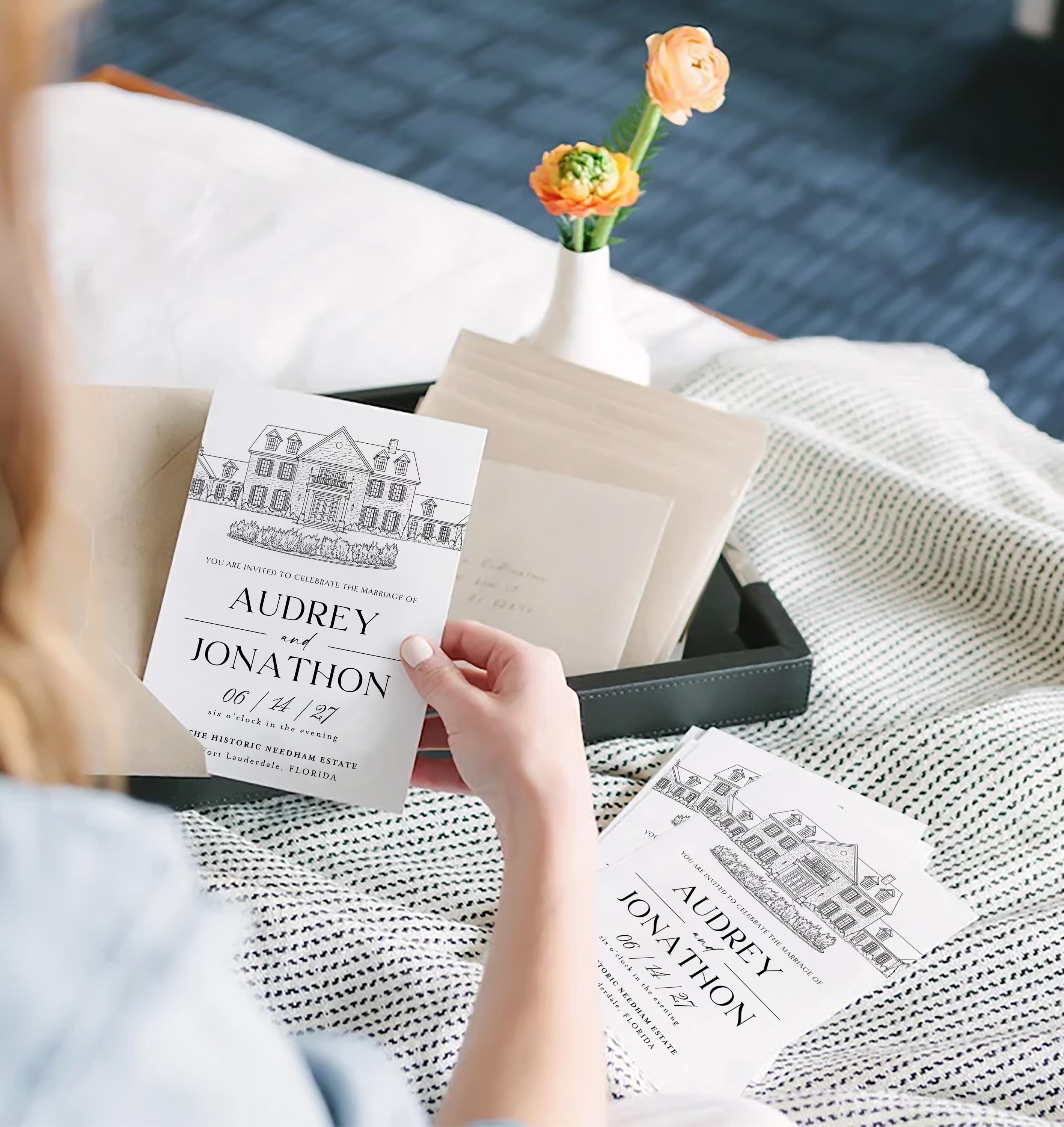 Wedding Venue Line Art Invitation: Custom Venue Sketch (Canva Template, Digital Download)