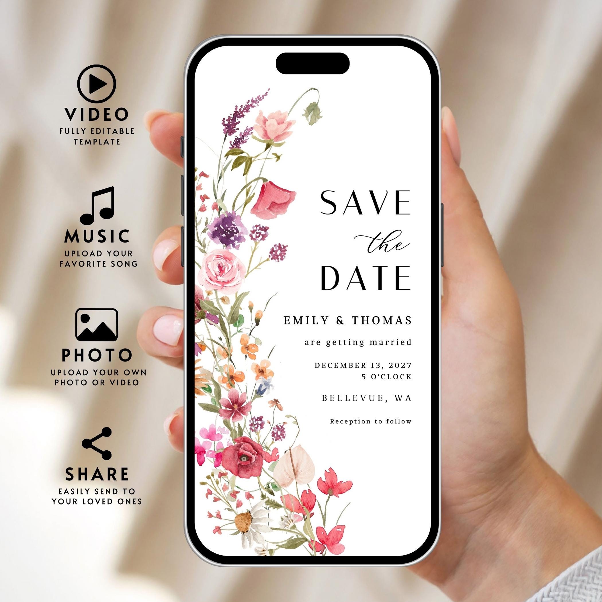 Wildflower Save the Date Video Template: Boho Floral Evite (Digital Download)