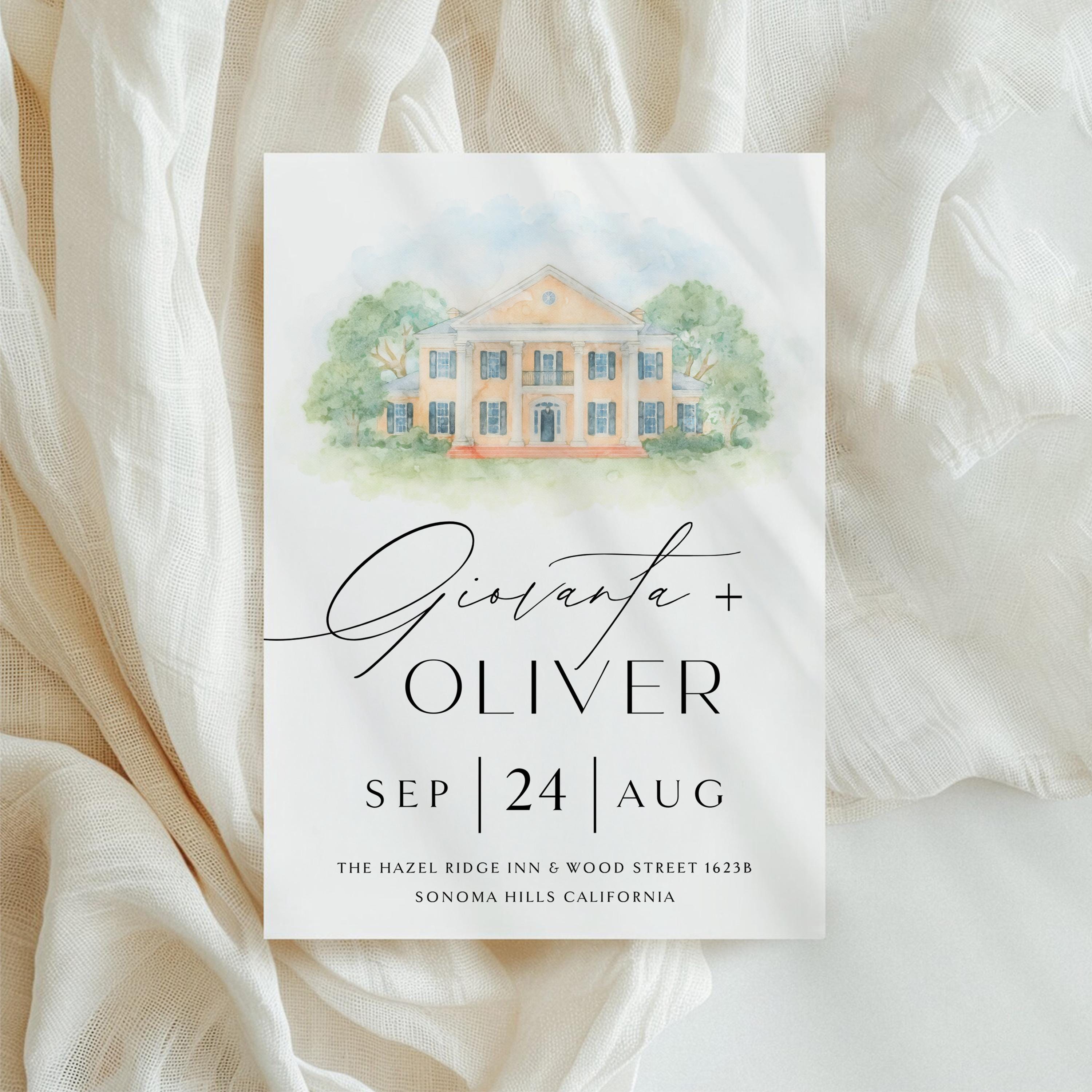 Watercolor Wedding Venue Invitation: Custom Illustration Template (PDF, PNG, JPEG Digital Download)
