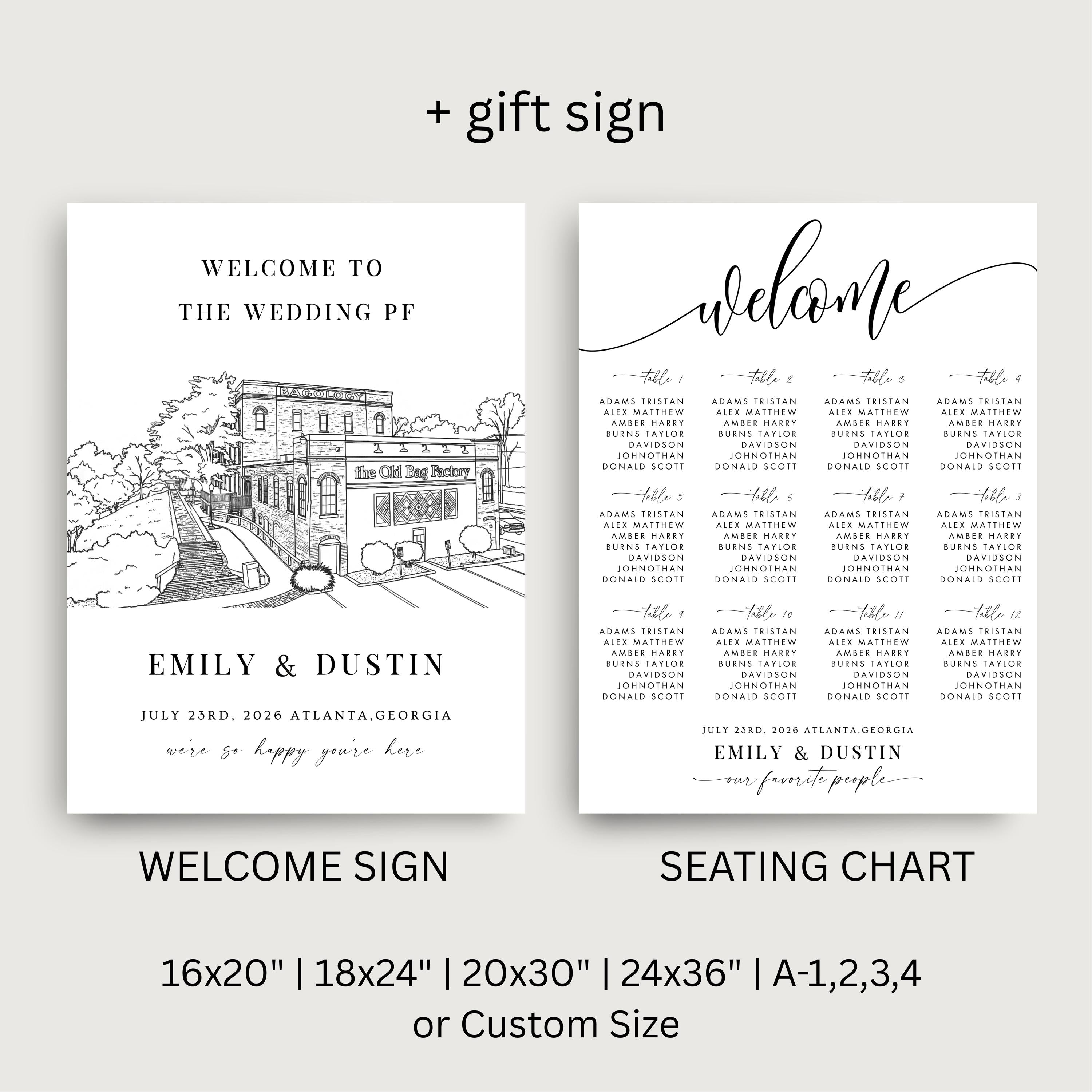 Custom Wedding Venue Lineart Invitation Bundle | Modern Wedding Sketch Illustration Invite | Editable Canva Template
