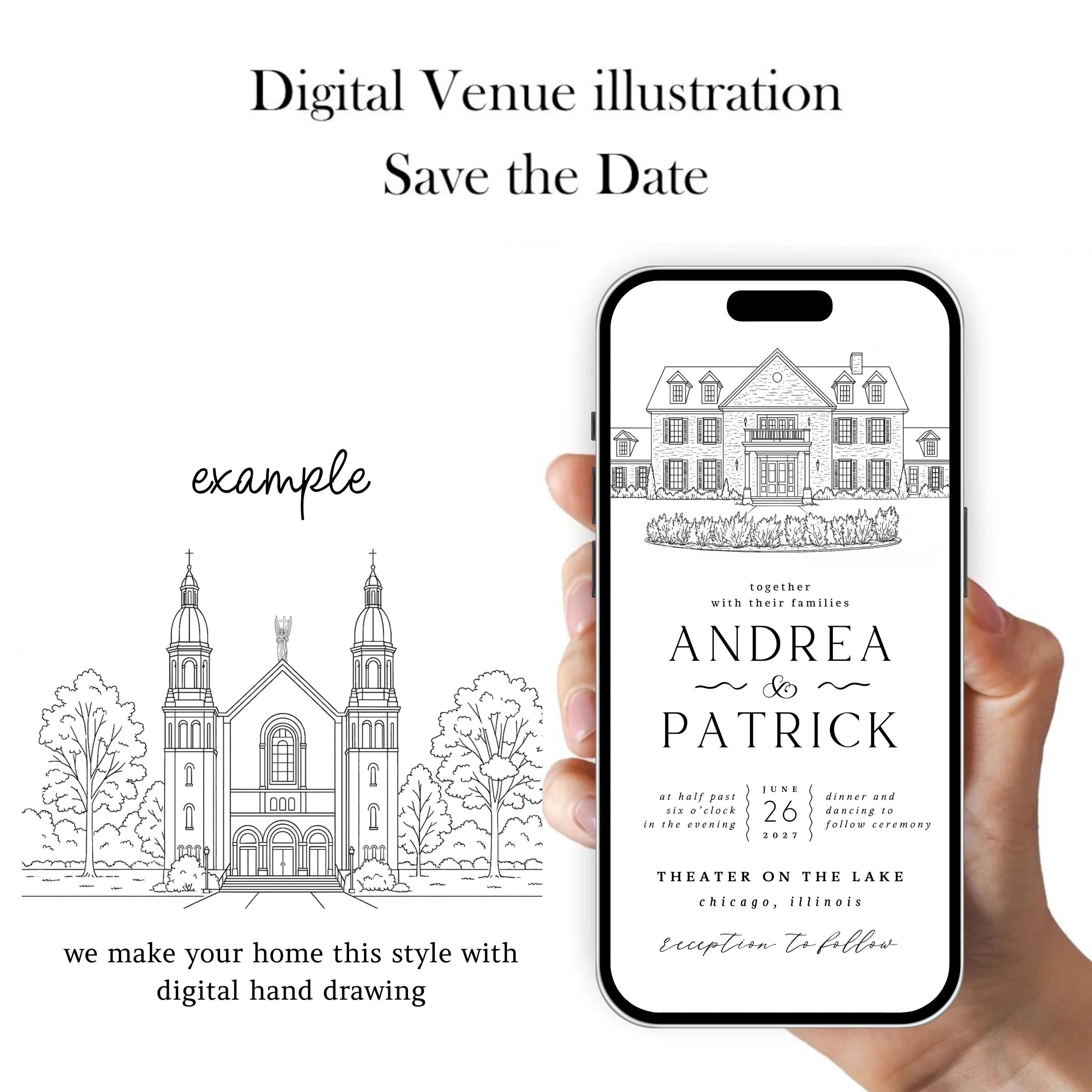 Digital Venue Sketch Save the Date: Personalized E-vite (JPEG, PNG, PDF