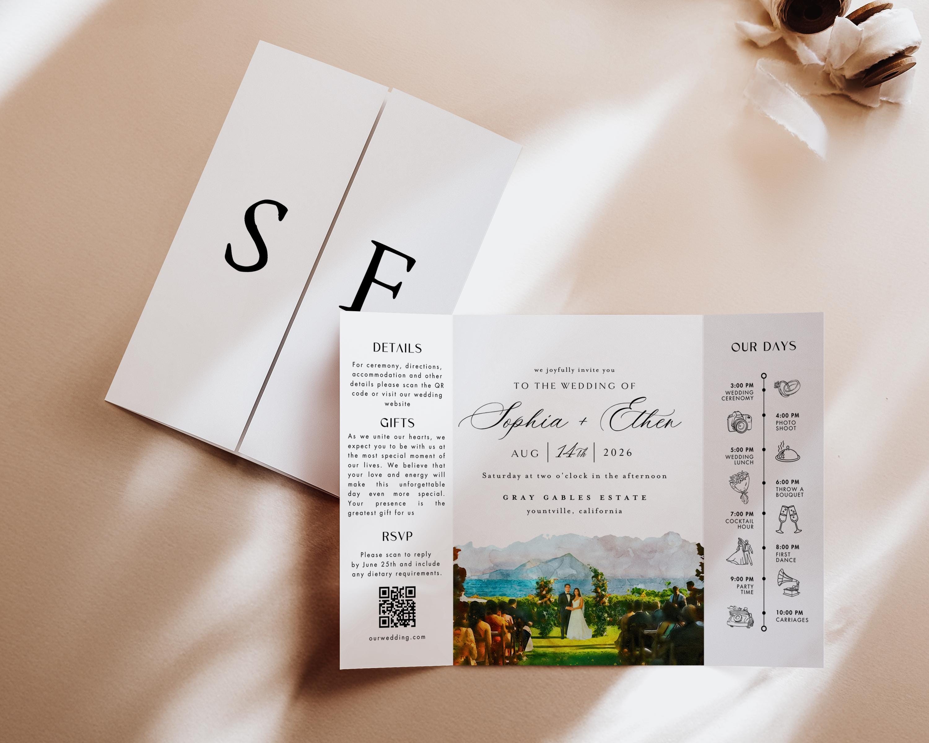 Modern Watercolor Venue Wedding Invitation, Gatefold Canva Template, Custom Editable Invite