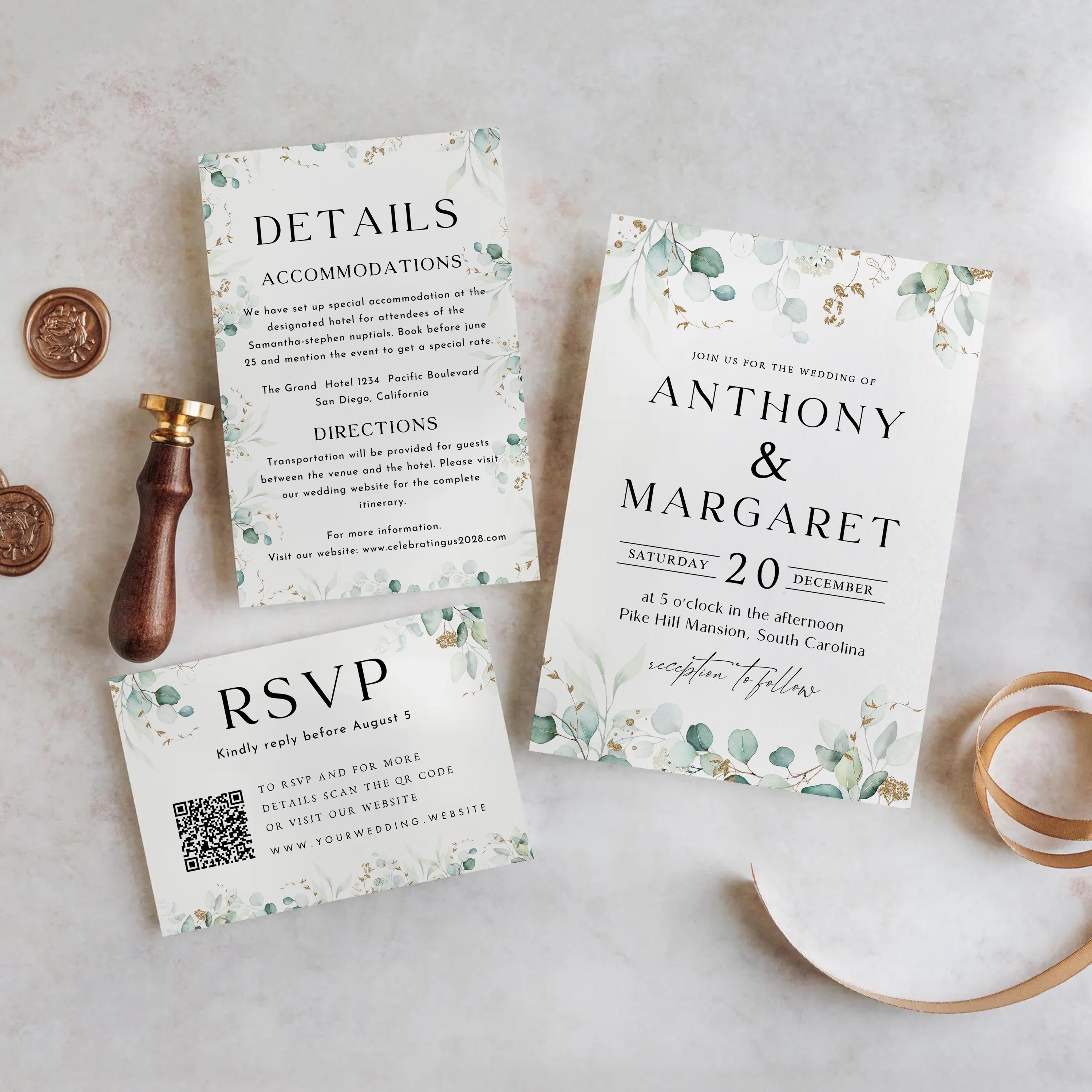 Sage Greenery Wedding Invitation Template, Flower Invite (Canva Template)