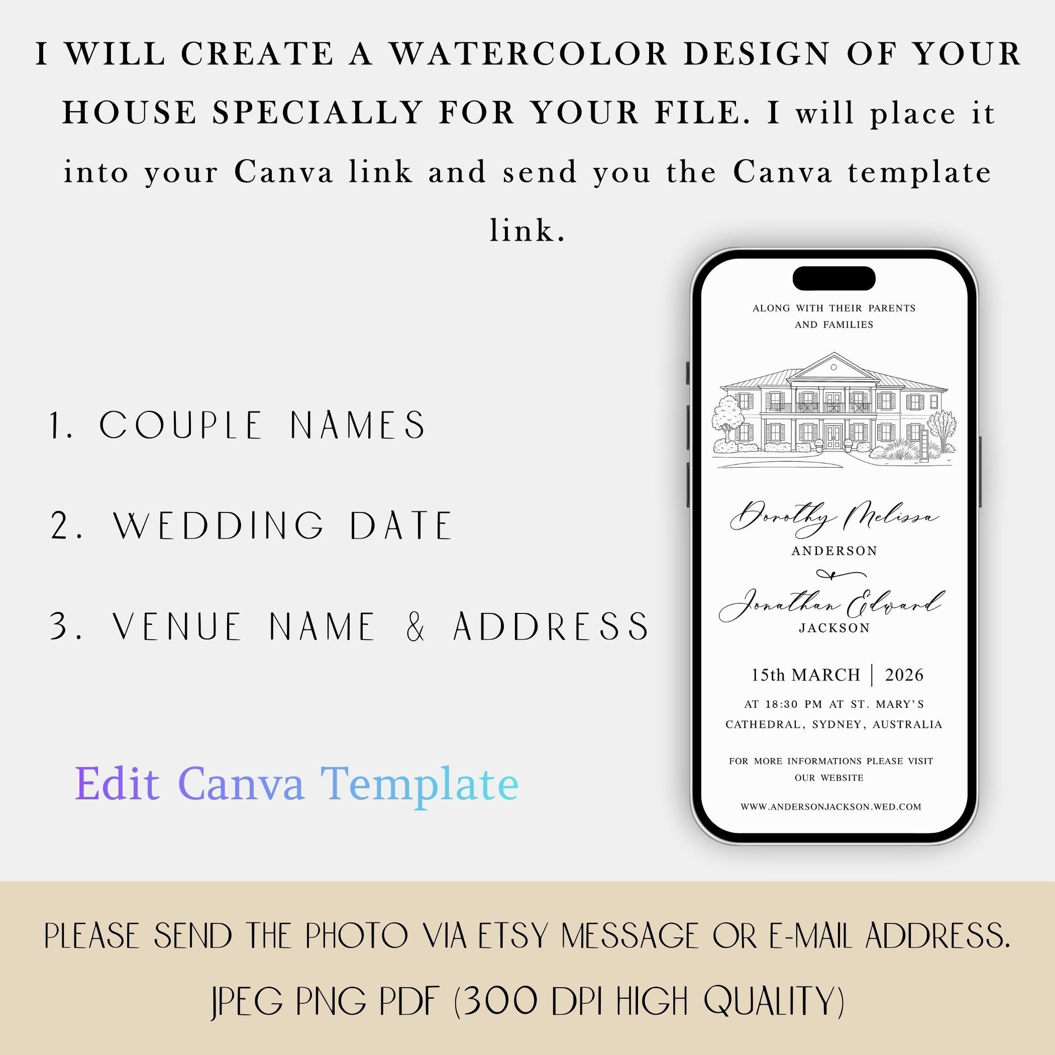 Venue Sketch Wedding Invitation Suite, Digital Wedding Phone Invite, Custom electronic venue E-vite, Editable Canva Template