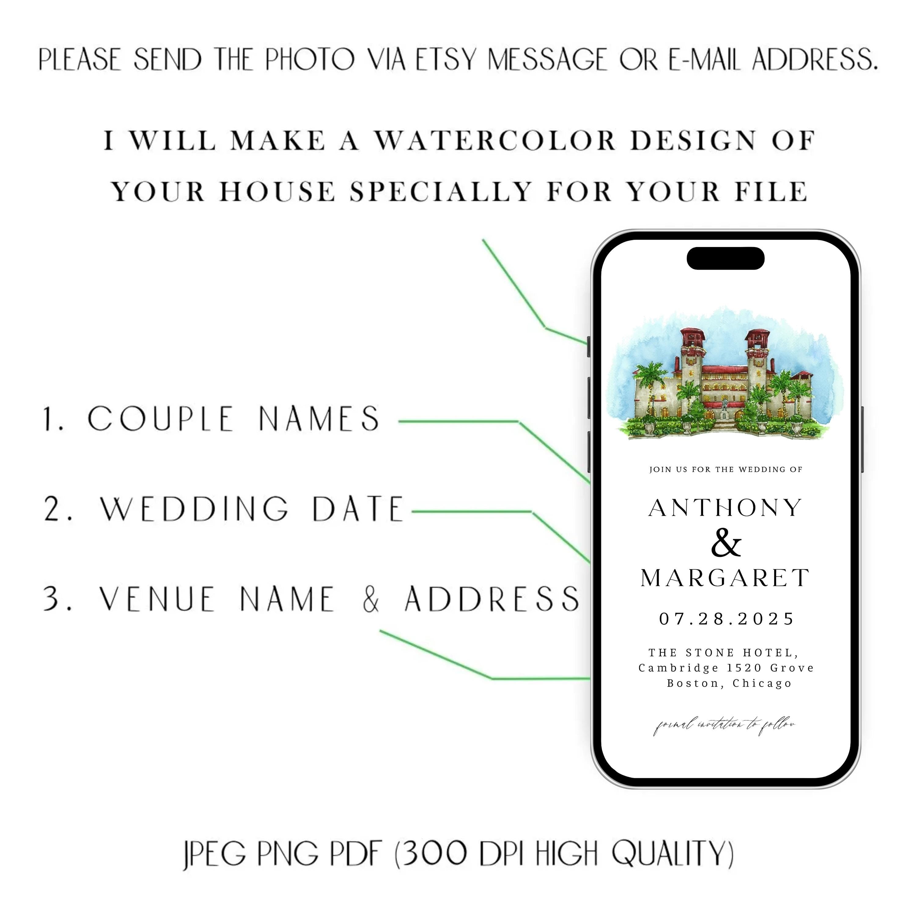 Digital Venue Sketch Save the Date: Watercolor Wedding E-vite (JPEG, PNG, PDF