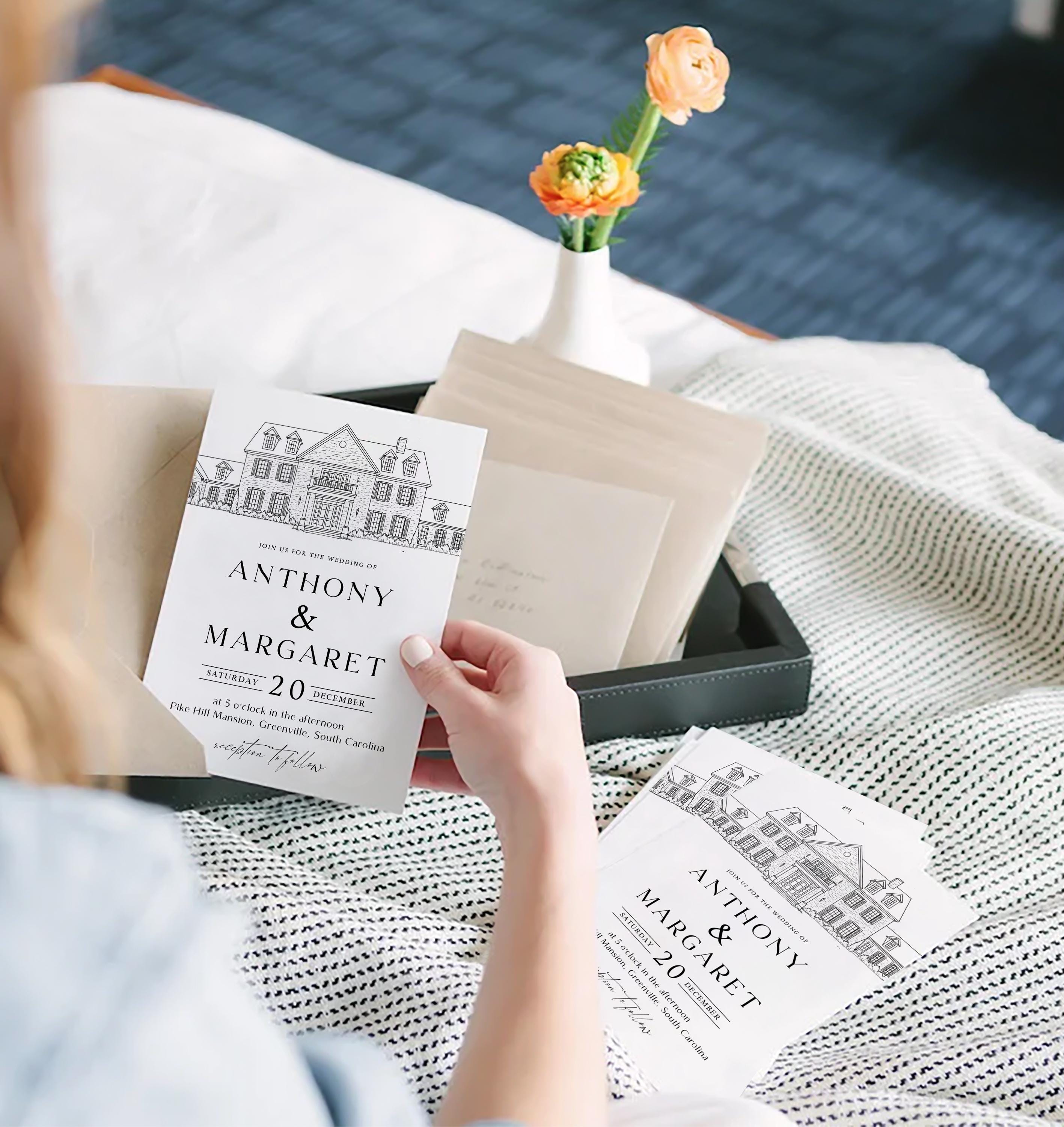 Wedding Venue Line Art Invitation: Custom Venue Sketch (Canva Template, Digital Download)