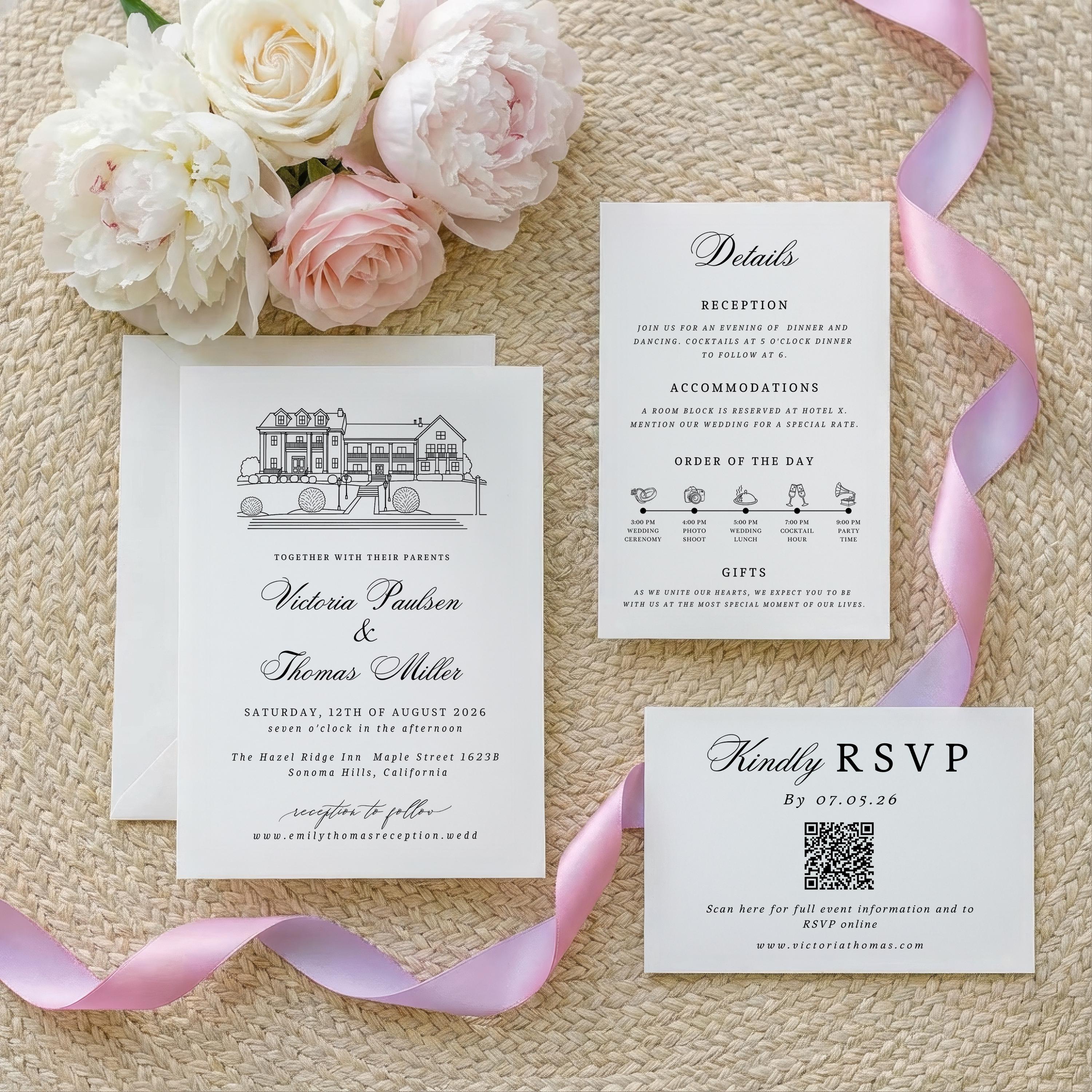 Custom wedding Venue Sketch Invitation set | Invite Venue Illustration Stationery | Editable DIY Canva Template