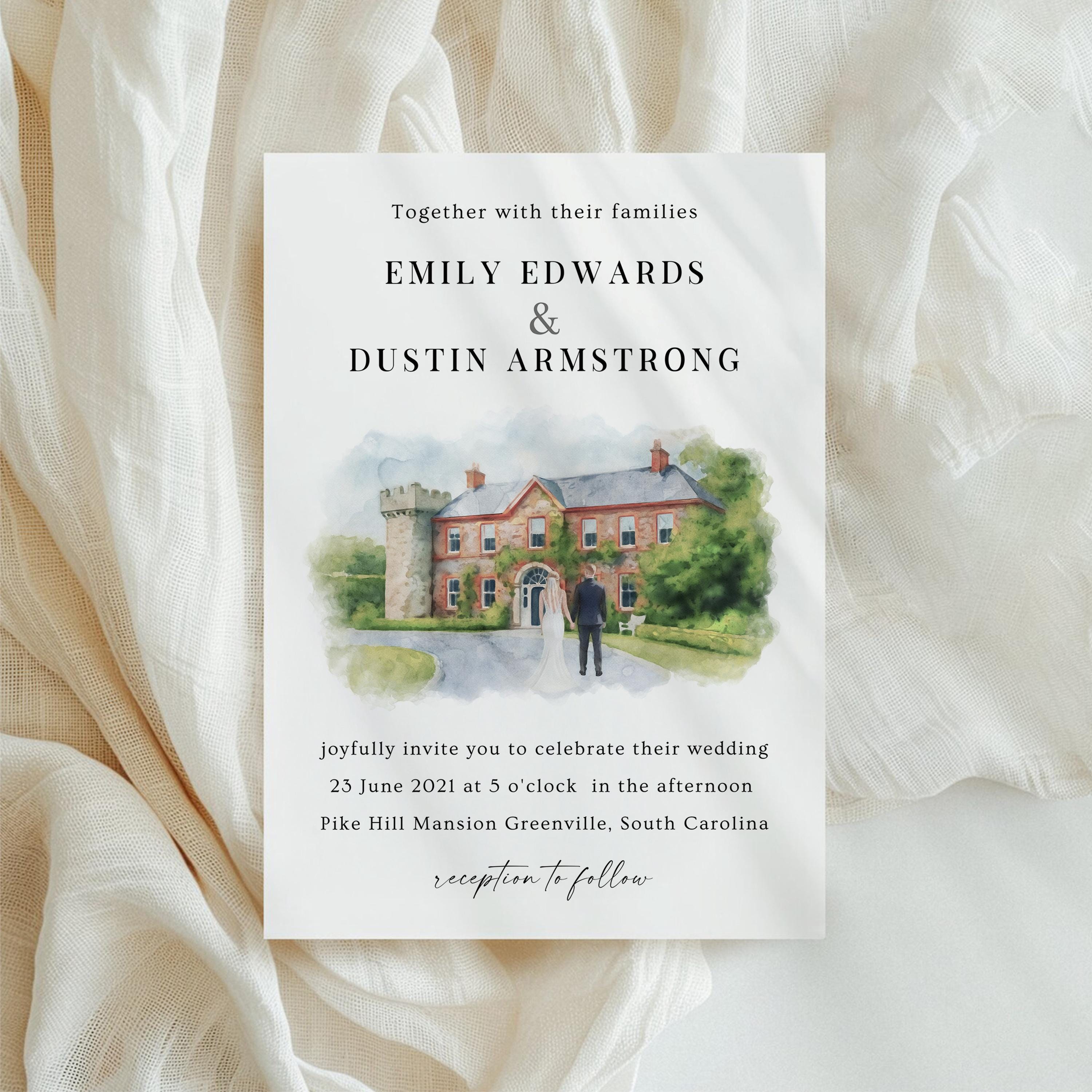 Custom Watercolor Venue Wedding Invitation | Printable Wedding Stationery Bundle | Editable Canva Template