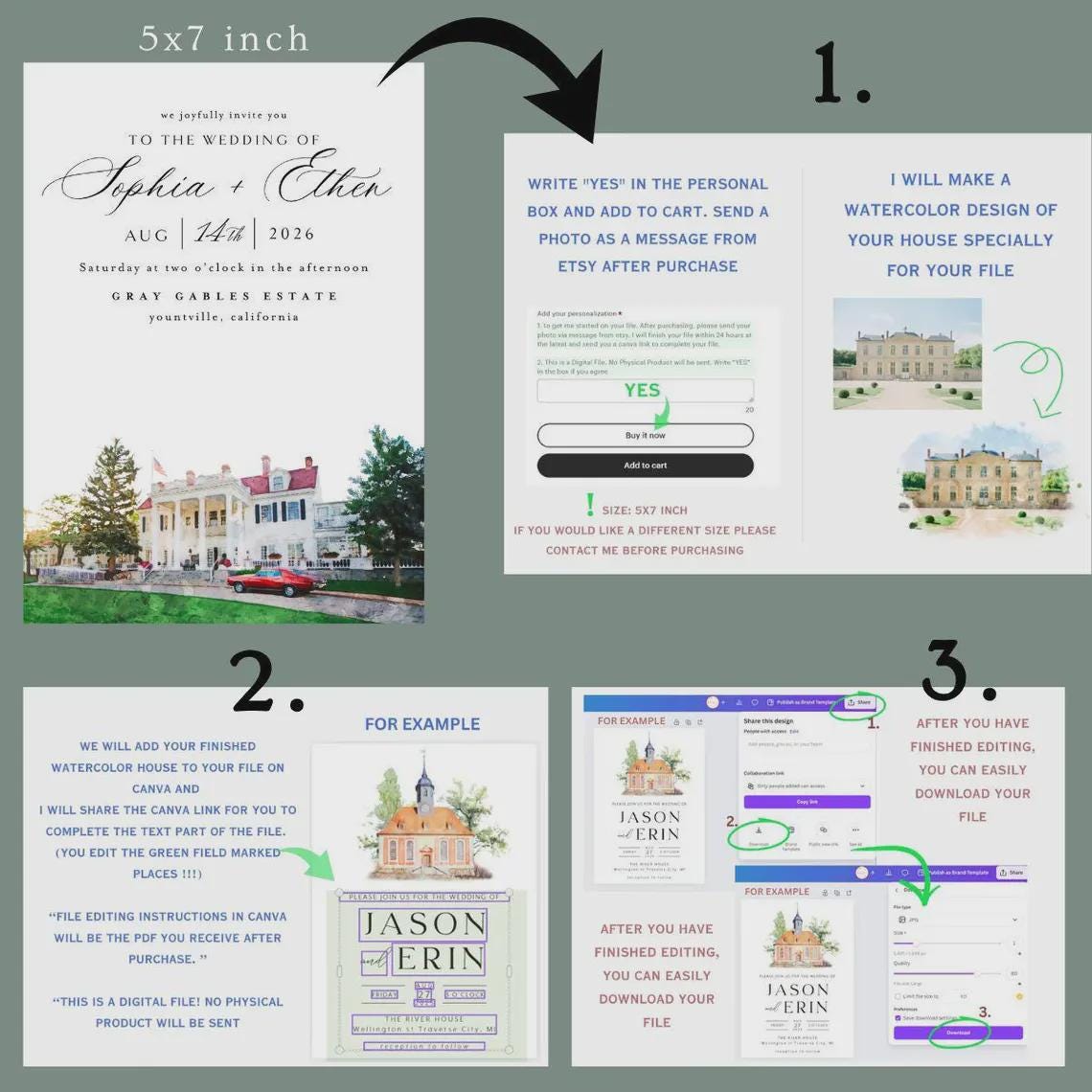 Custom Venue Line Art Wedding Invitation Template (DIY Canva Edit, Digital Download)